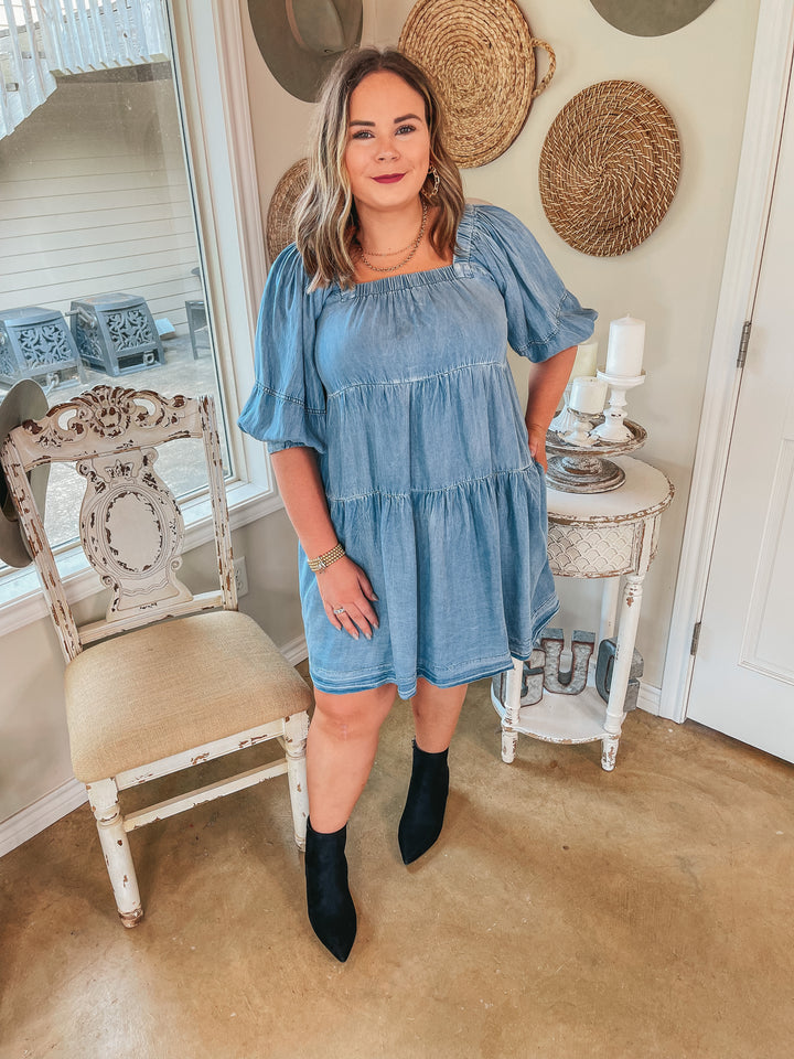 Wine Mixer Square Neck Chambray Tiered Dress in Light Wash - Giddy Up Glamour Boutique