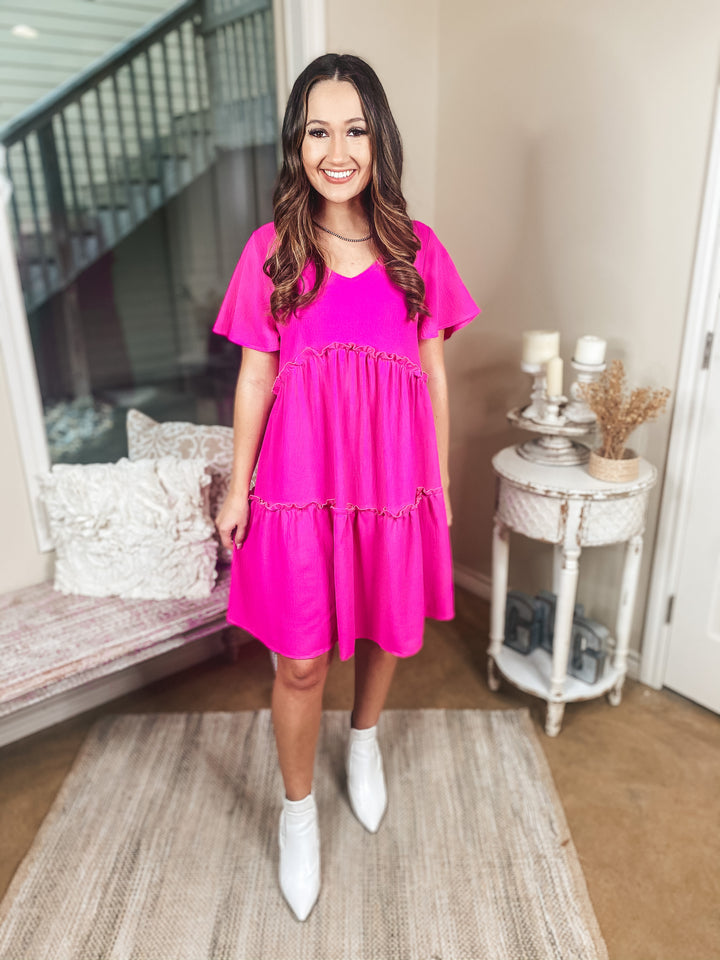 Waiting For Wednesday Short Sleeve Tiered Babydoll Dress in Fuchsia Pink - Giddy Up Glamour Boutique