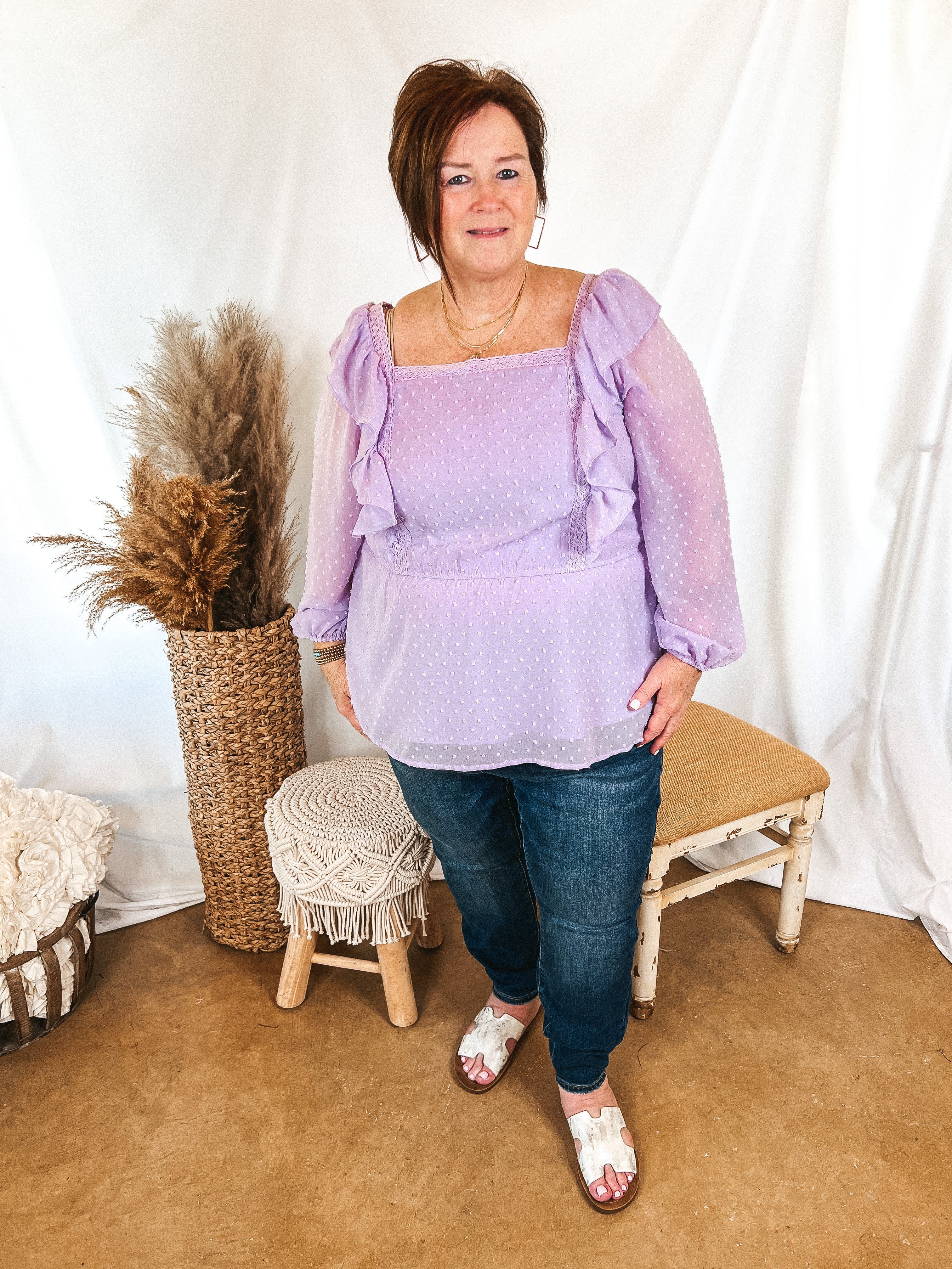 Spring Into Action Swiss Dot Long Sleeve Peplum Top with Ruffle Detail in Lavender - Giddy Up Glamour Boutique