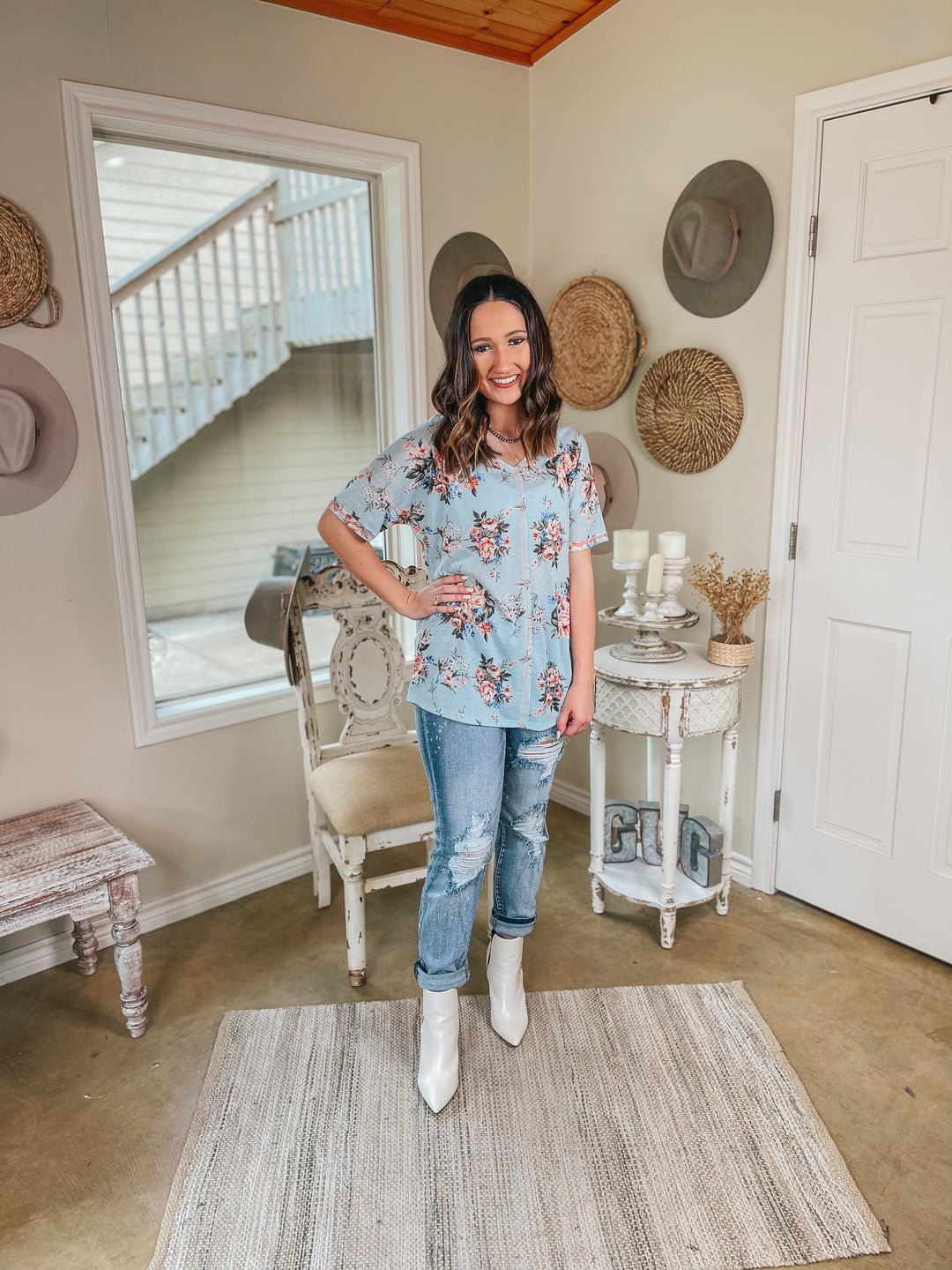 Last Chance Size Small | Casually Cool Floral Print V Neck Tee in Mint Blue - Giddy Up Glamour Boutique