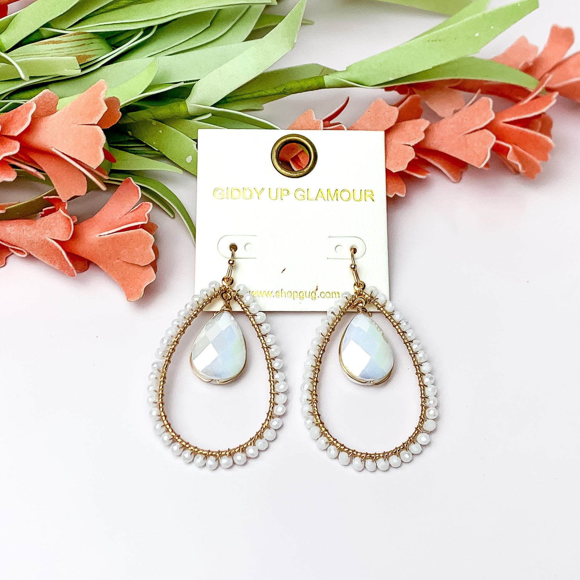 White Iridescent Stone Inside Open Beaded Teardrop Earrings with Gold Tone Outline - Giddy Up Glamour Boutique