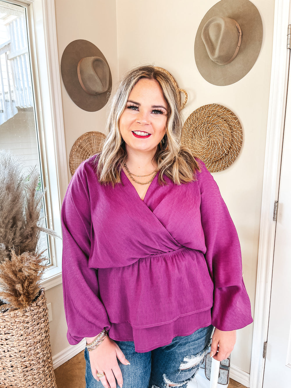 Move to the Music Long Sleeve Deep V Peplum Top in Magenta - Giddy Up Glamour Boutique