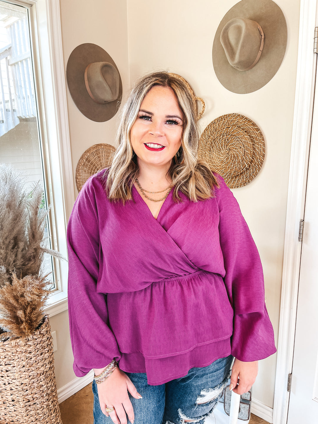 Move to the Music Long Sleeve Deep V Peplum Top in Magenta - Giddy Up Glamour Boutique