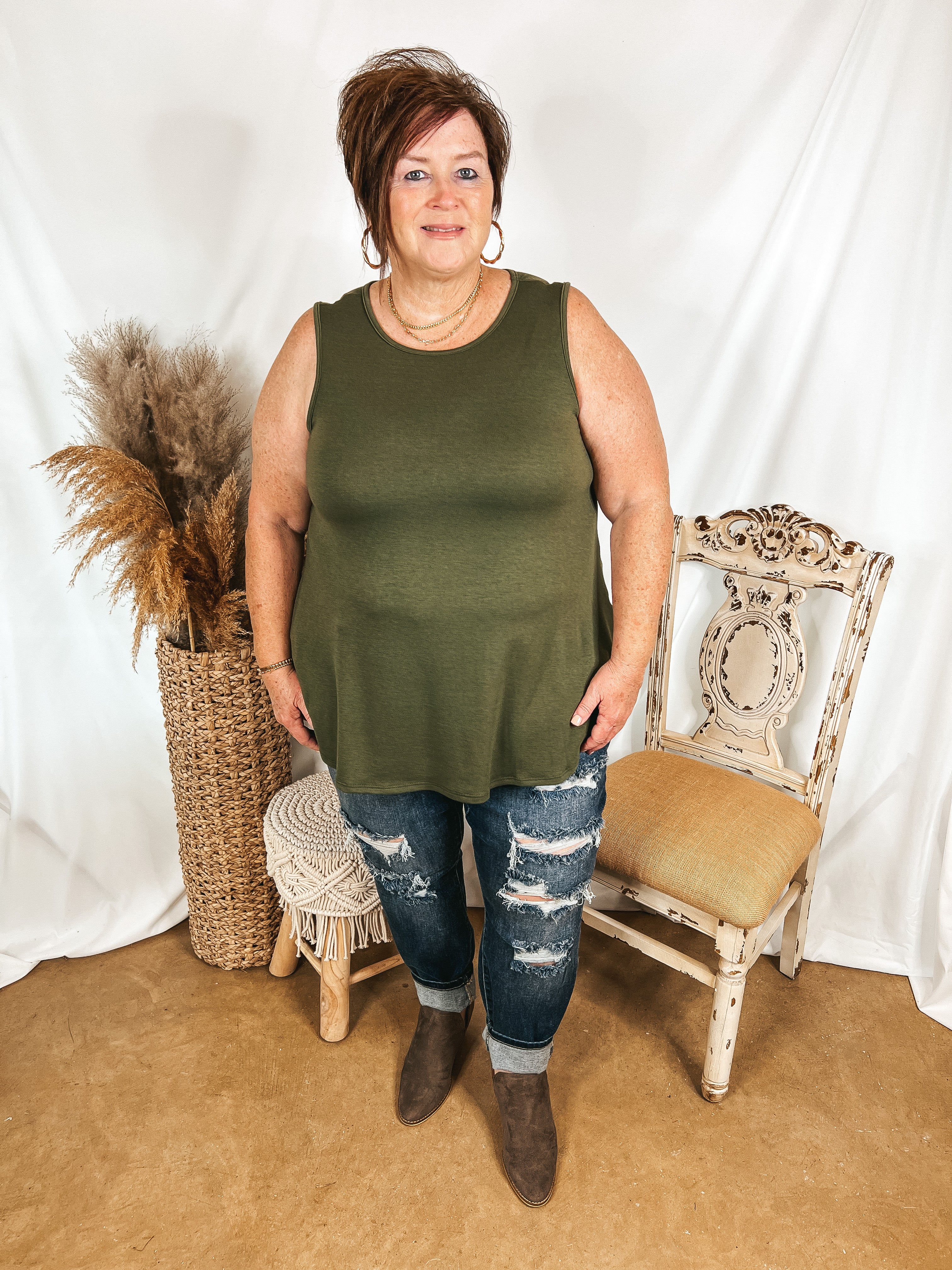 Give Me Joy Solid Knit A-Line Tank Top in Olive Green - Giddy Up Glamour Boutique