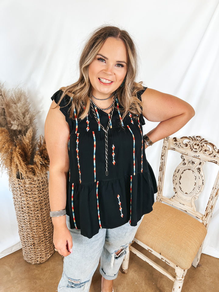 Rum Punch Embroidered Tiered Top with Ruffle Cap Sleeves in Black - Giddy Up Glamour Boutique