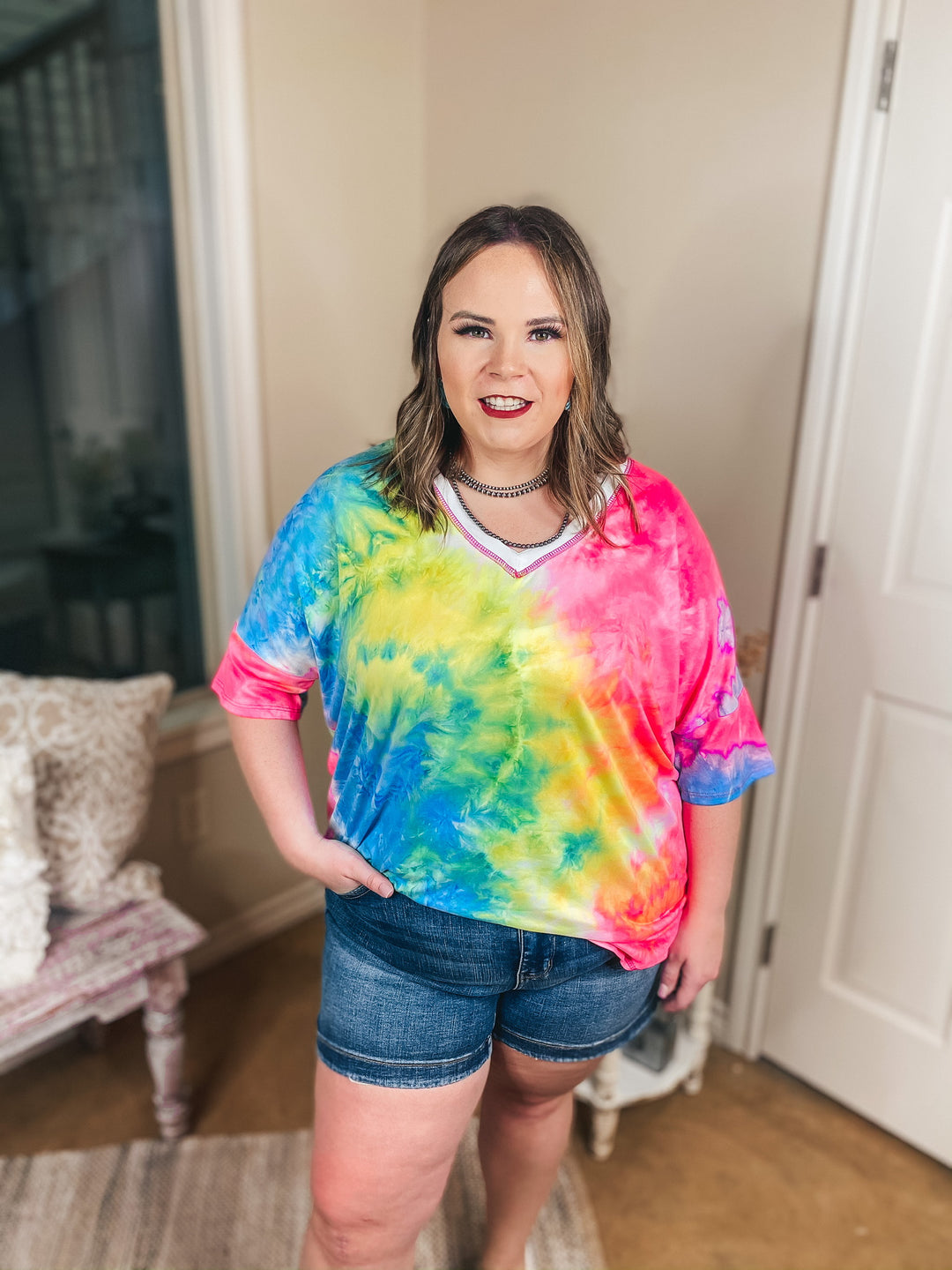 Last Chance Size Small & Med. | Bright Forecasts Tie Dye V Neck Top in Neon Pink, Yellow, and Blue - Giddy Up Glamour Boutique