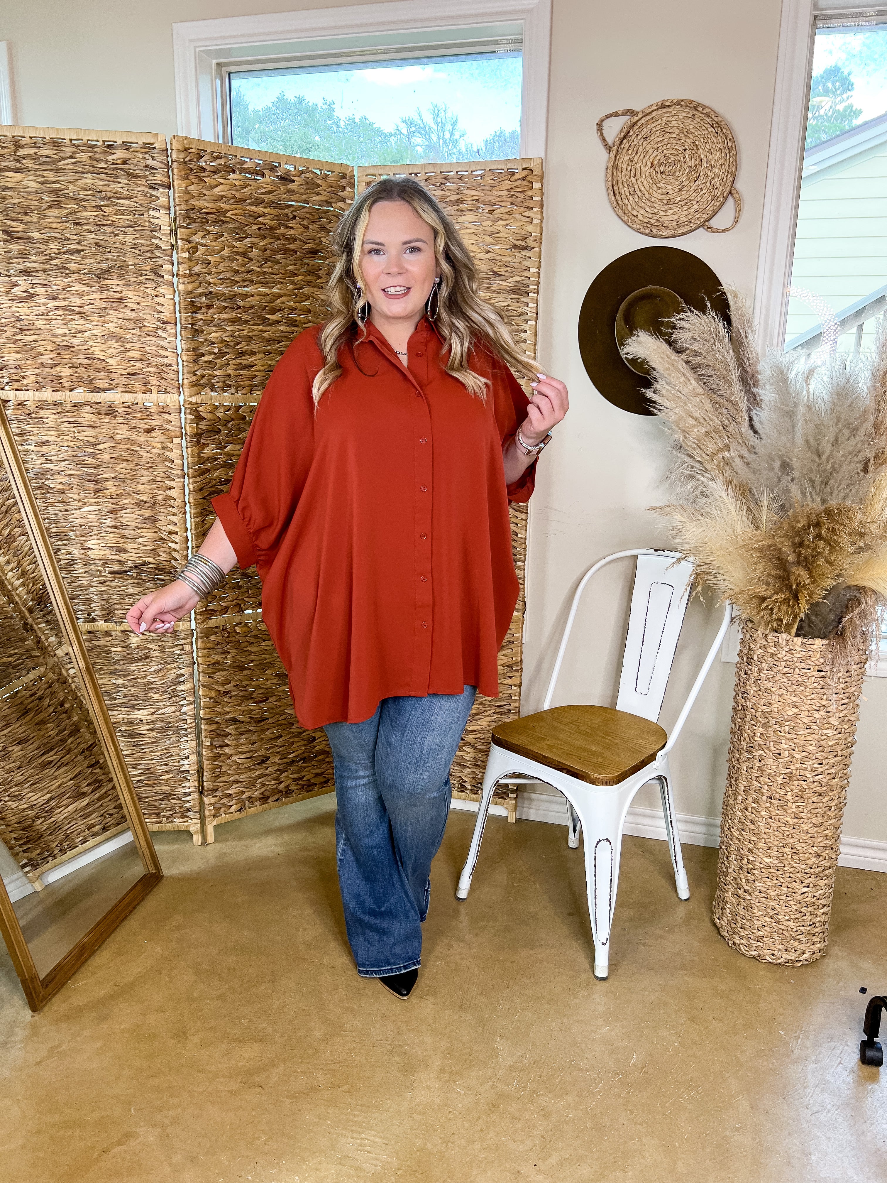 City Lifestyle Button Up Half Sleeve Poncho Top in Rust Orange - Giddy Up Glamour Boutique