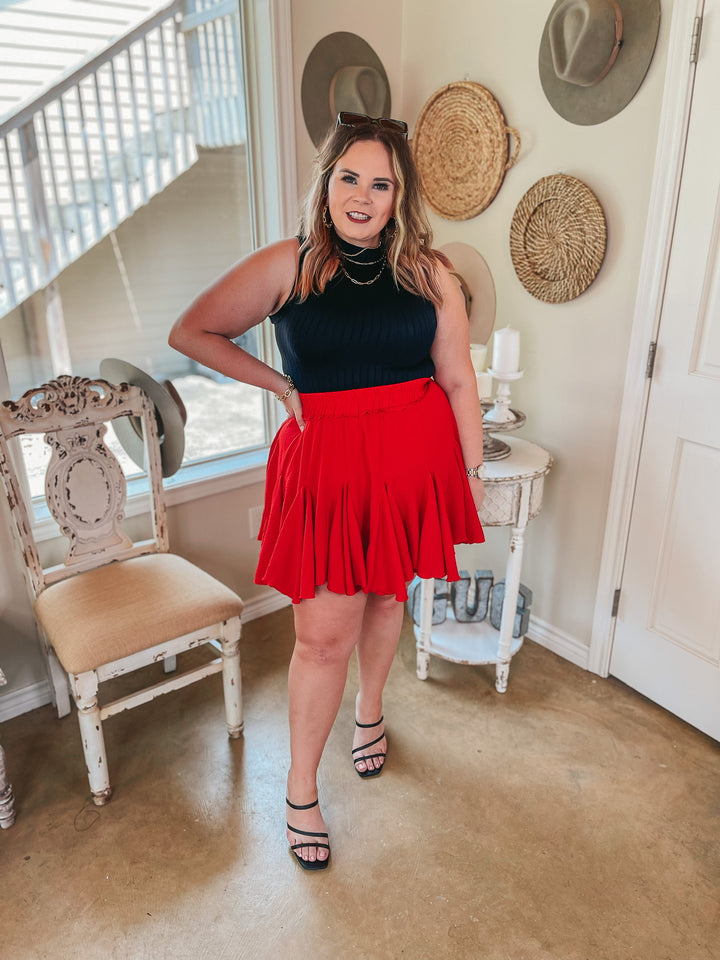 Afternoon Flights Ruffle Mini Skirt in Red - Giddy Up Glamour Boutique