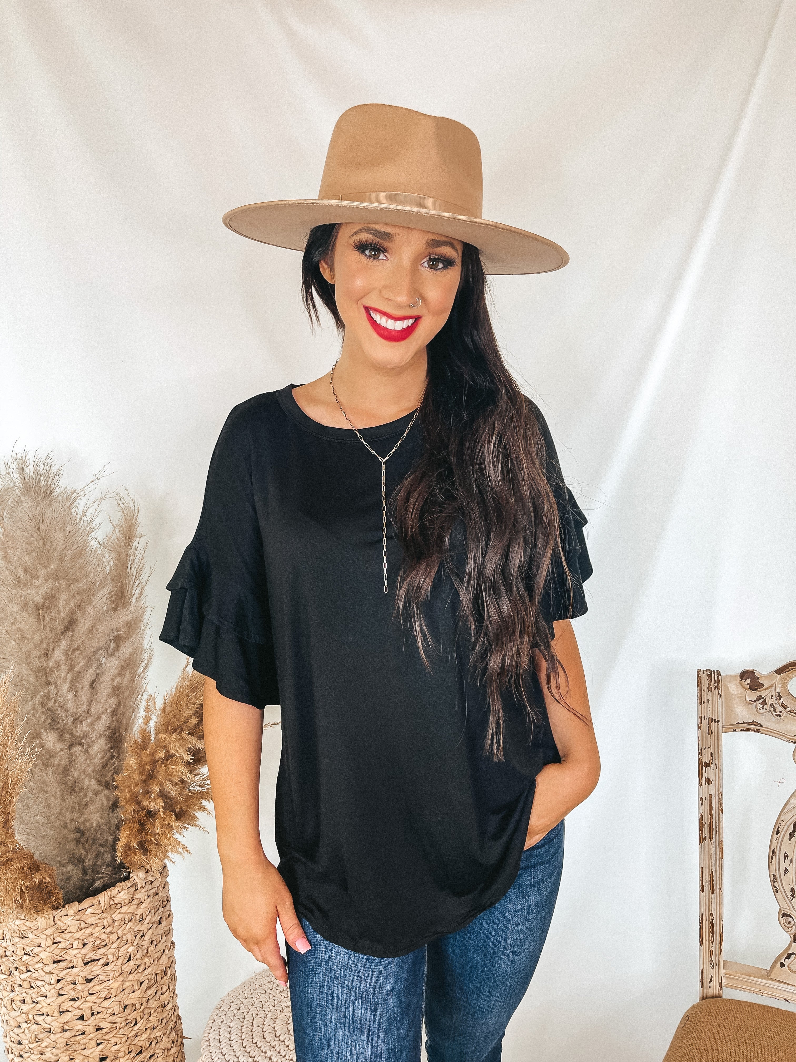 Set The Standard Solid Short Sleeve Top with Ruffled Sleeves in Black - Giddy Up Glamour Boutique