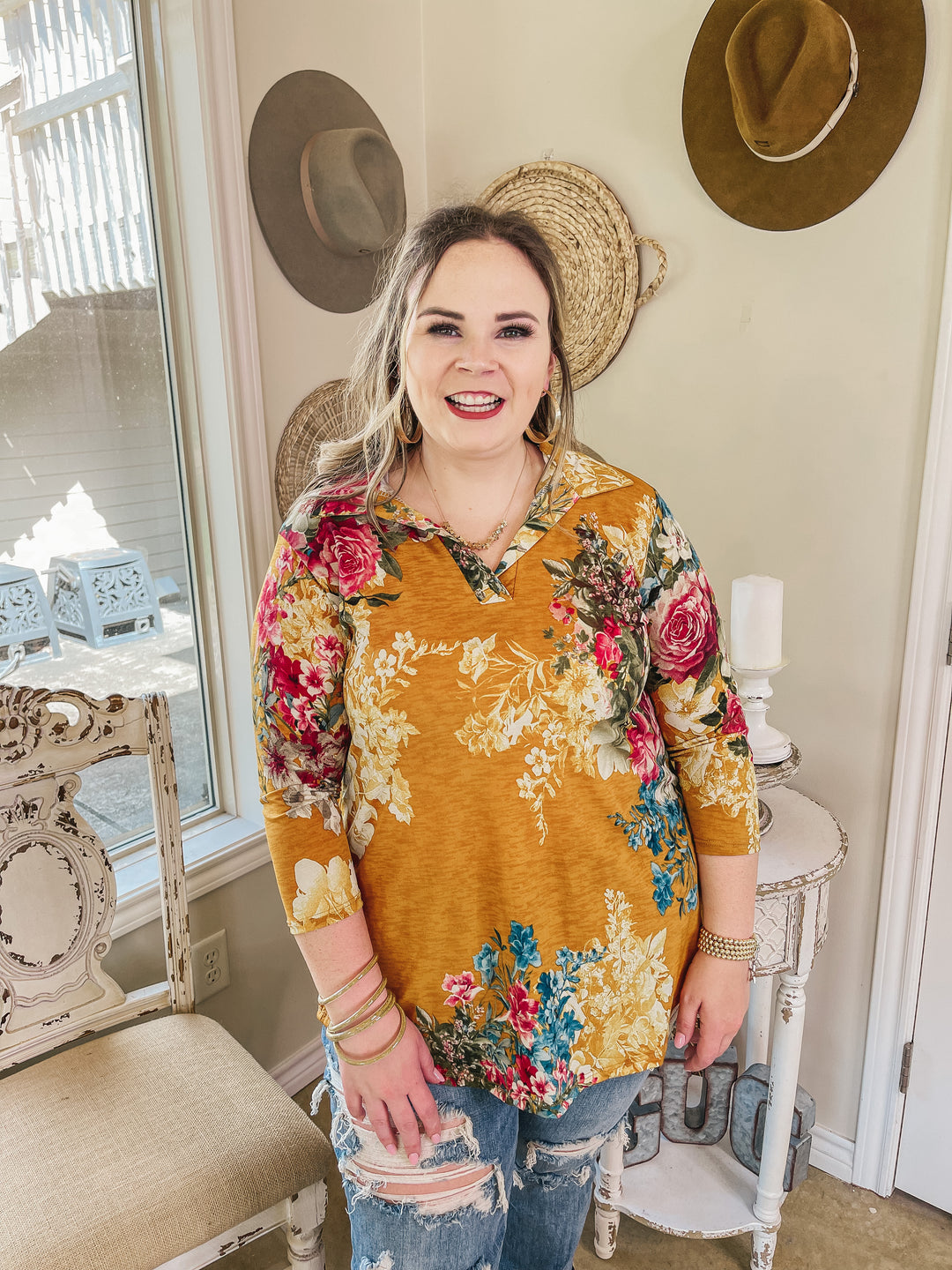 Last Chance Size Small | Scenic Route Floral Collared Tunic Top in Mustard - Giddy Up Glamour Boutique