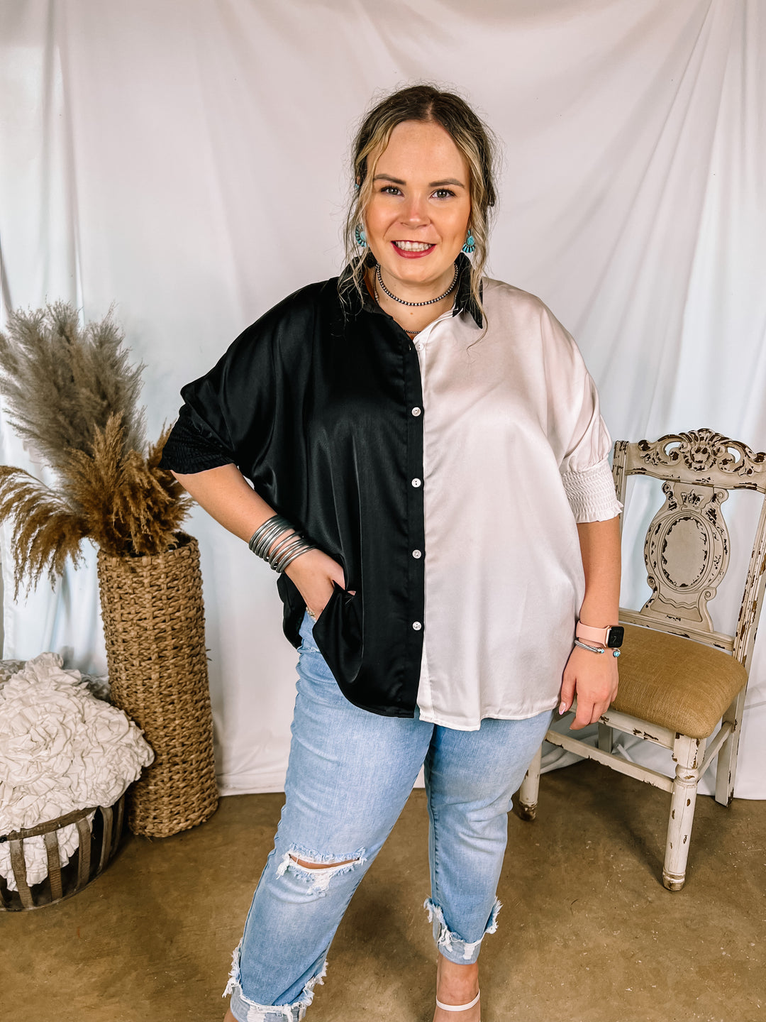 Major Glow Satin Smocked 3/4 Sleeve Button Up Blouse in Black and White - Giddy Up Glamour Boutique