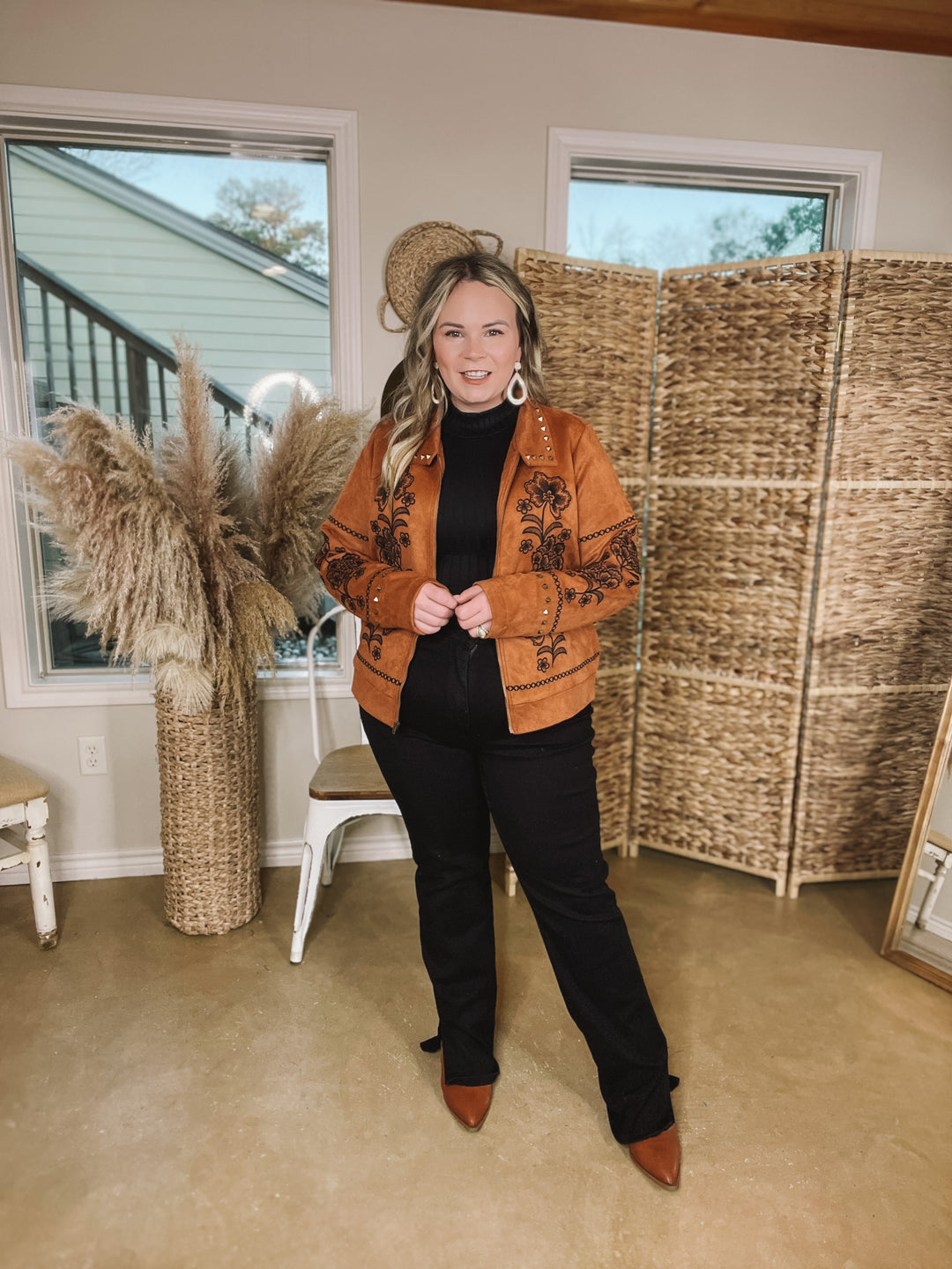 Downtown Elegance Floral Embroidered Suede Jacket with Studded Collar in Brown - Giddy Up Glamour Boutique