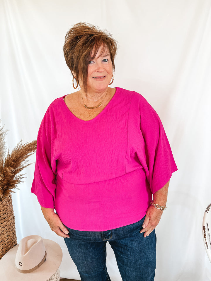 Switch It Up 3/4 Drop Sleeve Peplum Blouse in Fuchsia Pink - Giddy Up Glamour Boutique
