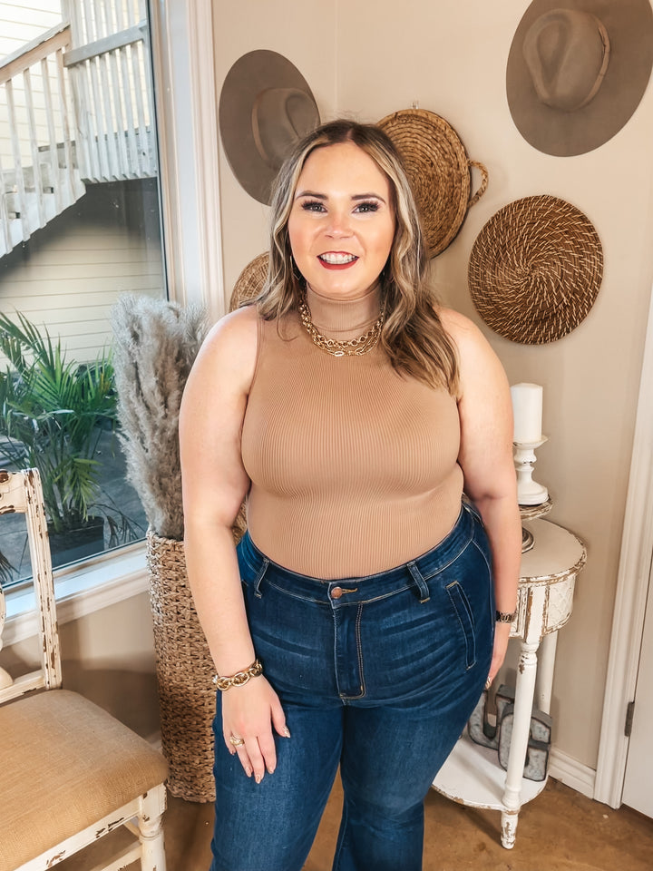 Love and Luck Turtle Neck Ribbed Tank Top Bodysuit in Nude - Giddy Up Glamour Boutique