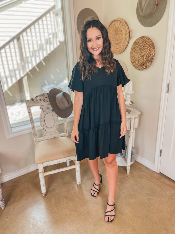 Waiting on Wednesday Short Sleeve Tiered Babydoll Dress in Black - Giddy Up Glamour Boutique