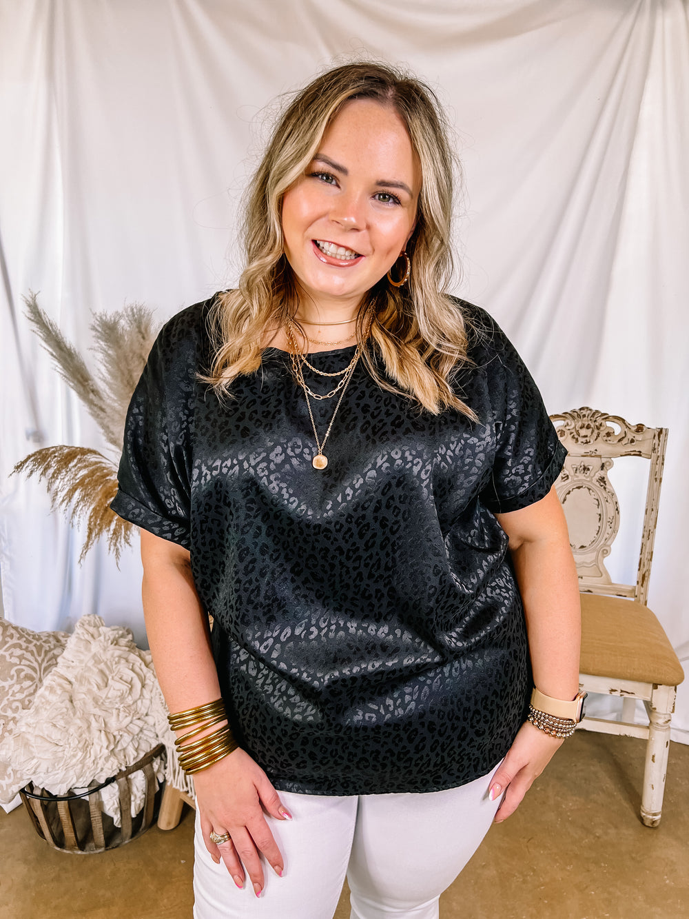Complete Awe Short Sleeve Satin Leopard Print Top in Black - Giddy Up Glamour Boutique