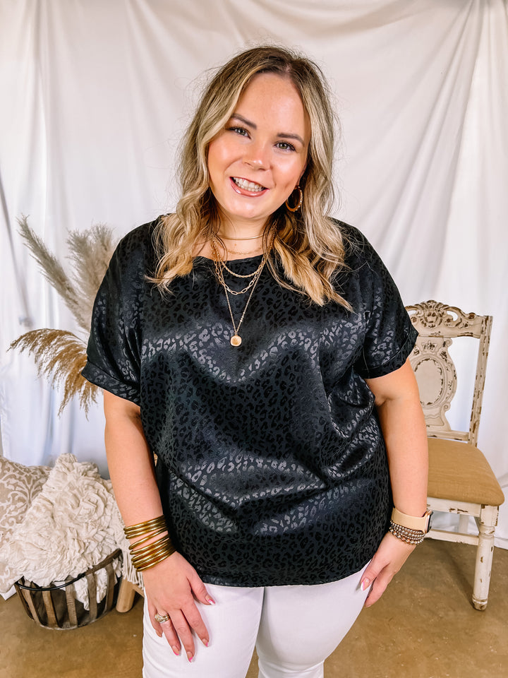 Complete Awe Short Sleeve Satin Leopard Print Top in Black - Giddy Up Glamour Boutique