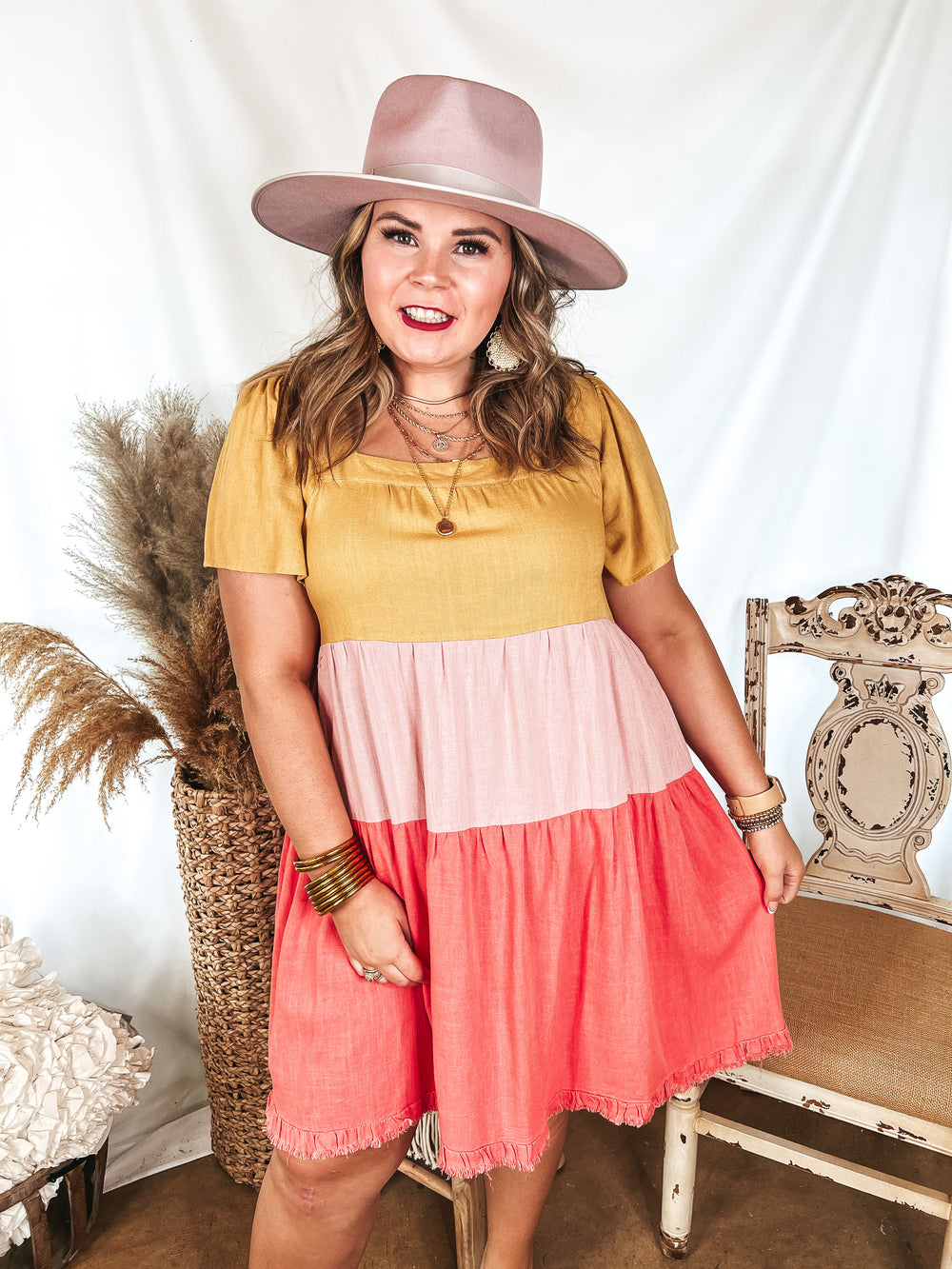 Promised Love Square Neck Color Block Dress in Mustard Yellow and Pink - Giddy Up Glamour Boutique
