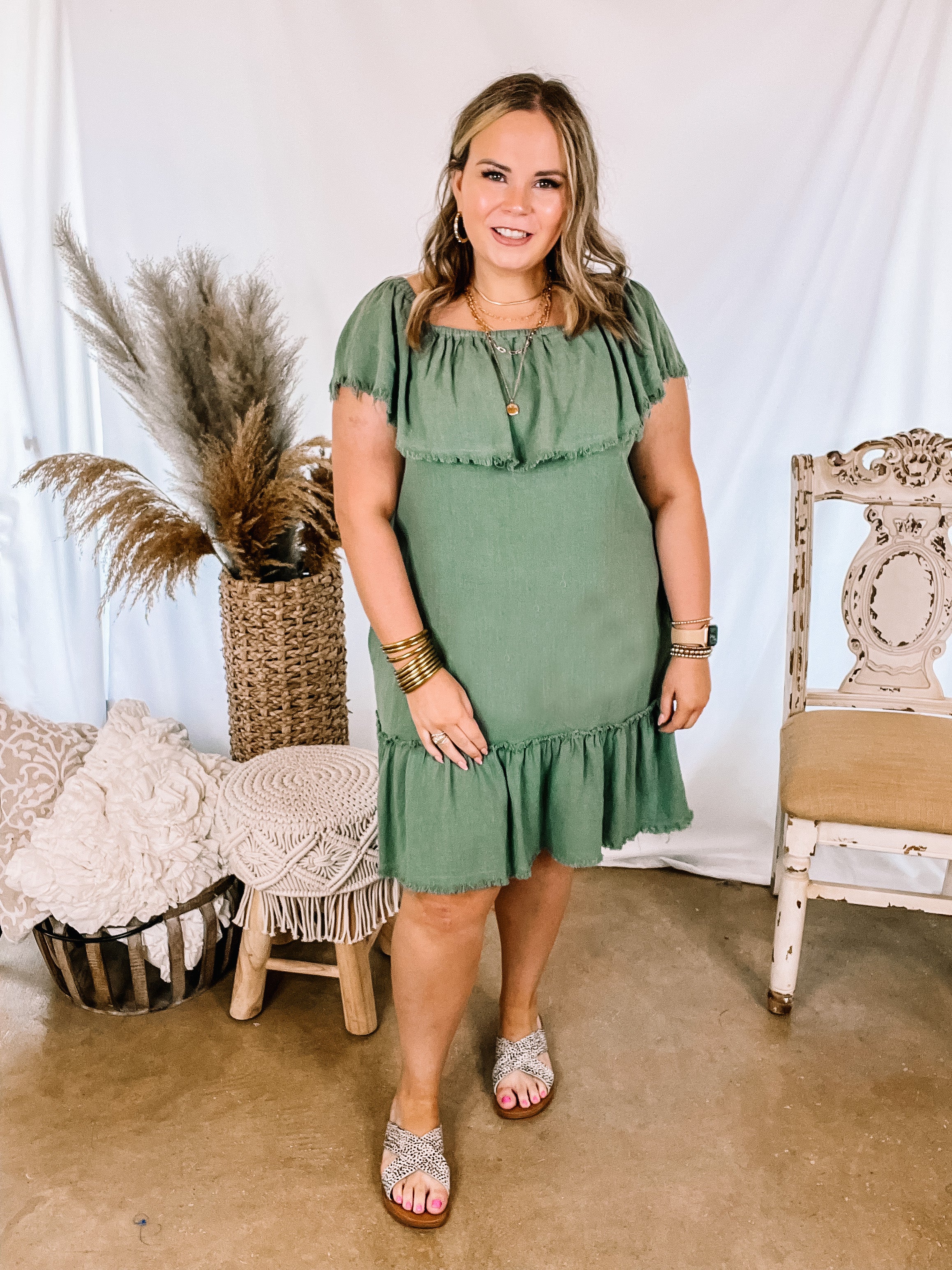 Finding Yourself  Frayed Hem Off the Shoulder Dress in Light Olive Green - Giddy Up Glamour Boutique