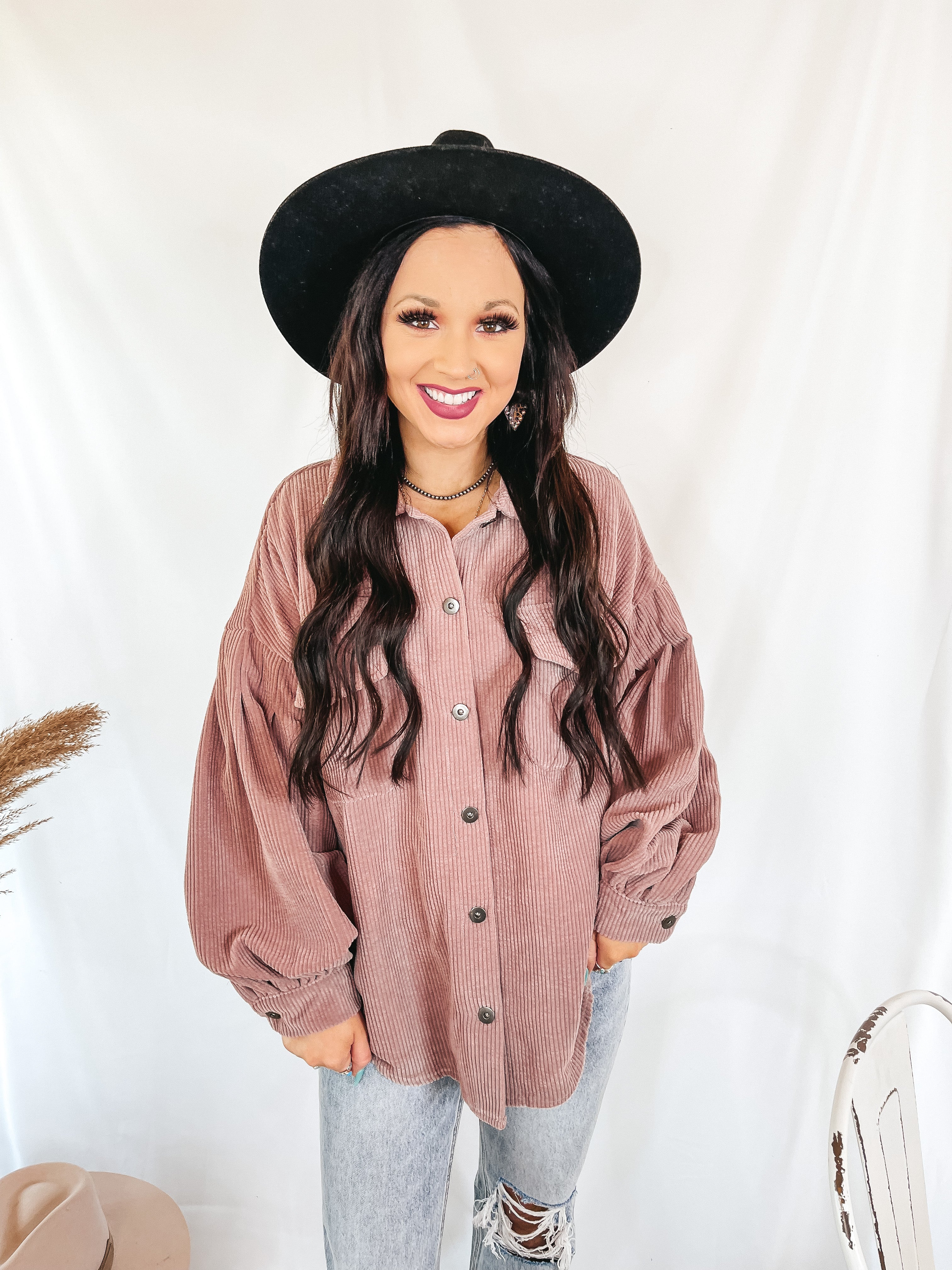 Cute Collab Button Up Corduroy Shacket with Balloon Sleeves in Mauve - Giddy Up Glamour Boutique