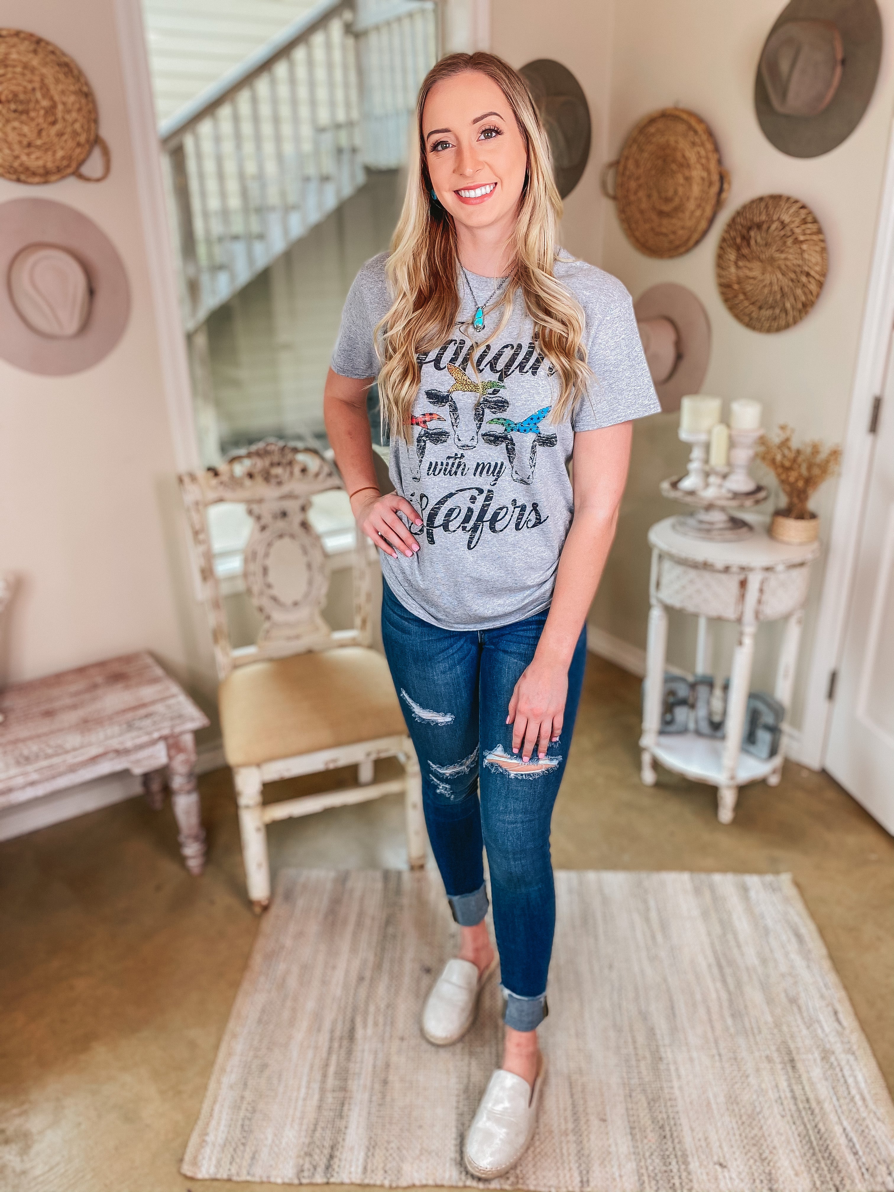 Online Exclusive | Hangin' with my Heifers Cow Short Sleeve Graphic Tee in Heather Grey - Giddy Up Glamour Boutique