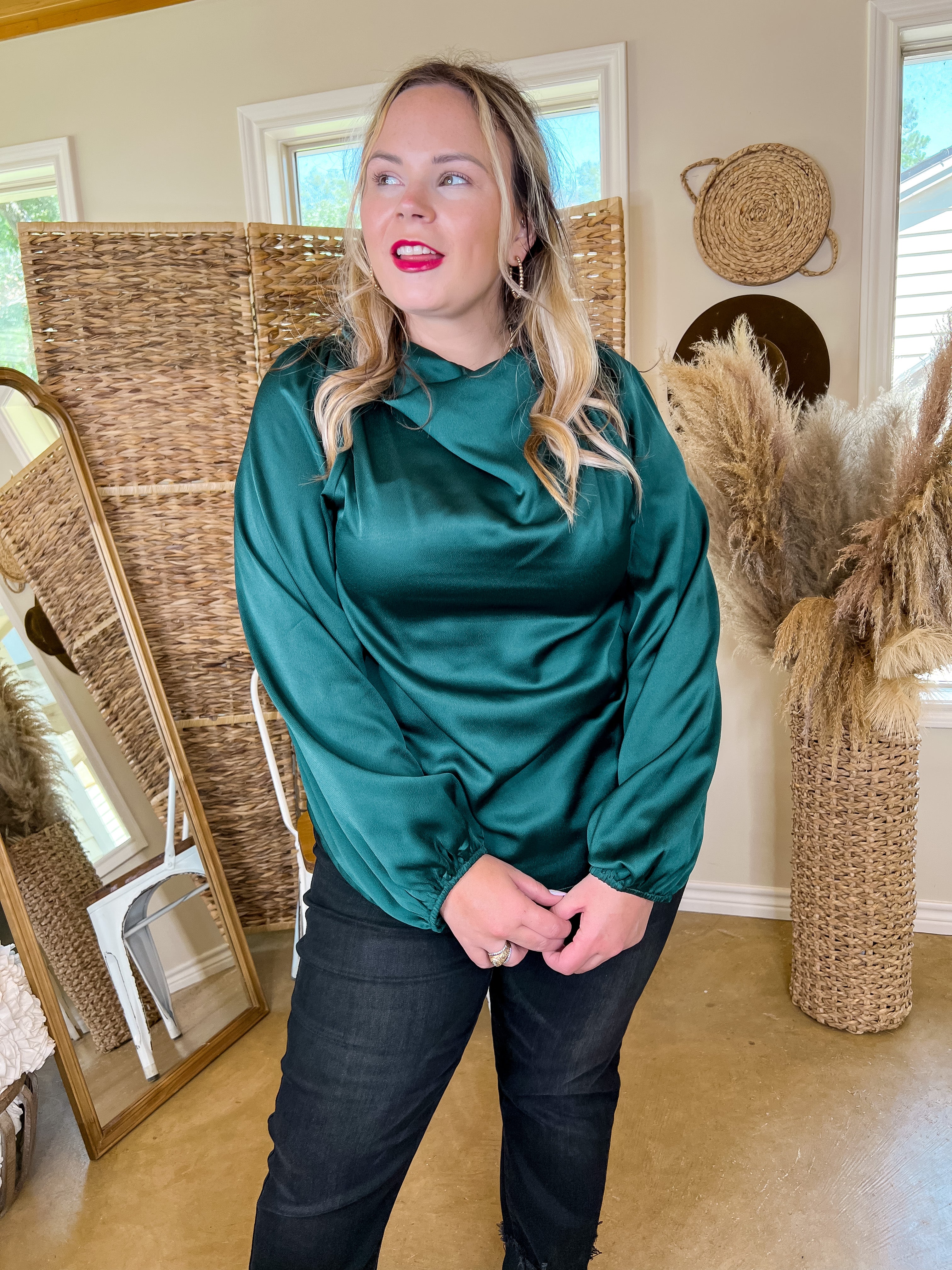 Afternoon in Asheville High Cowl Neck Long Sleeve Crepe Blouse in Emerald Green - Giddy Up Glamour Boutique