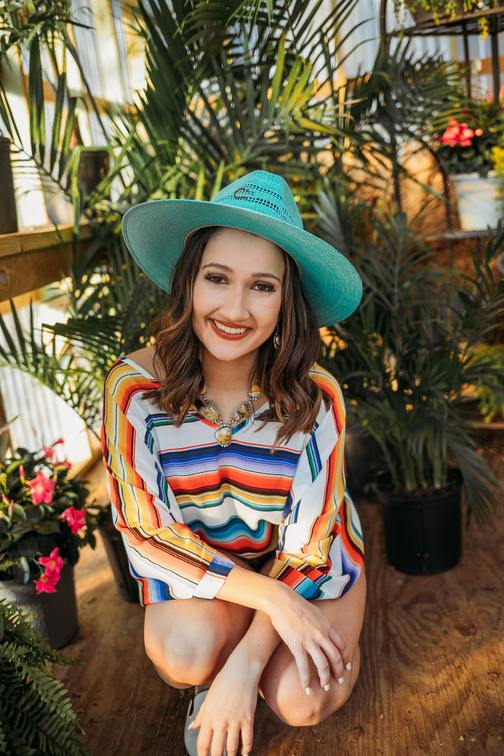 Charlie 1 Horse | Right Meow Straw Stiff Brim Hat with Leopard Band in Turquoise - Giddy Up Glamour Boutique