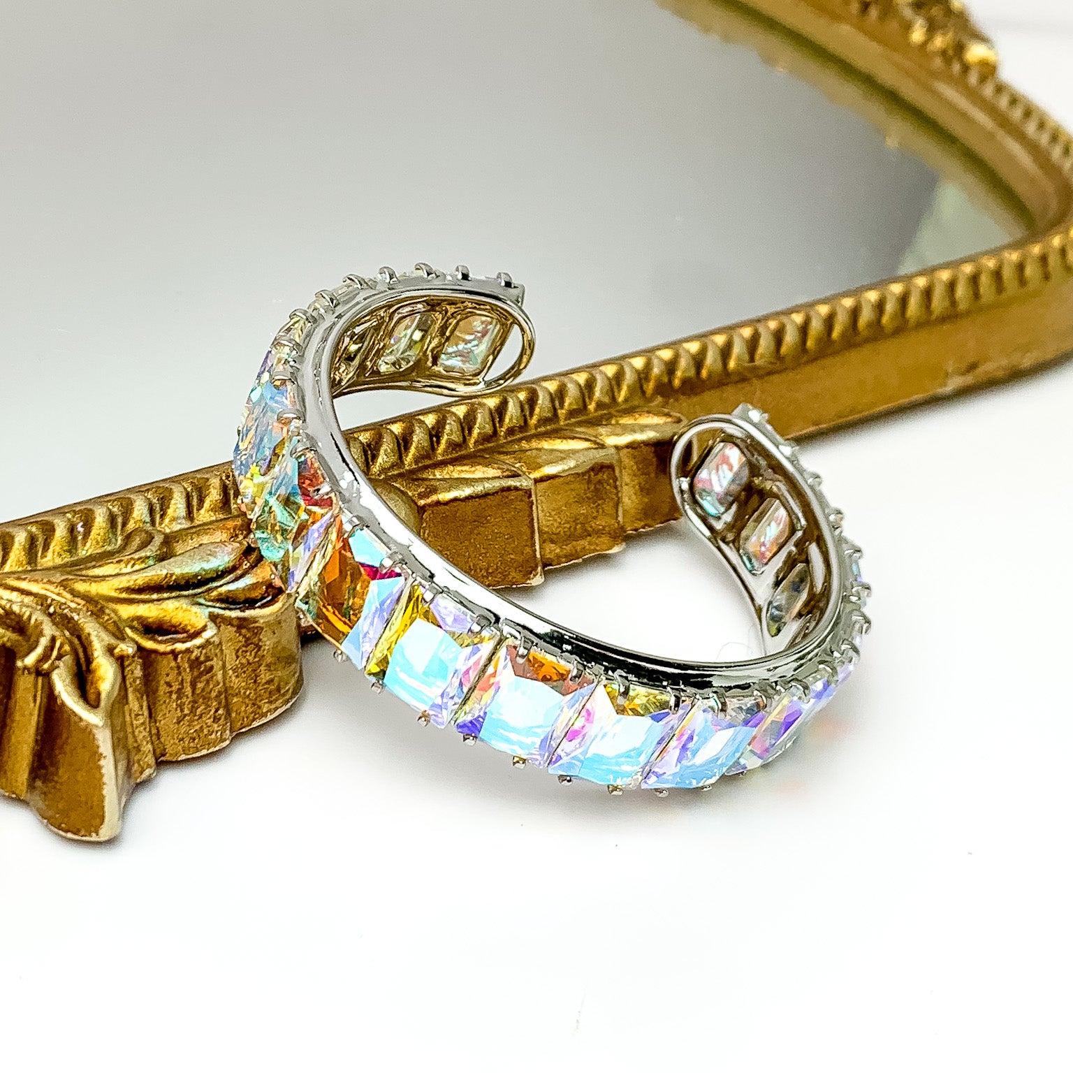 Sorrelli | Julianna Rectangle Crystal Cuff Bracelet in Palladium Silver Tone and Aurora Borealis - Giddy Up Glamour Boutique