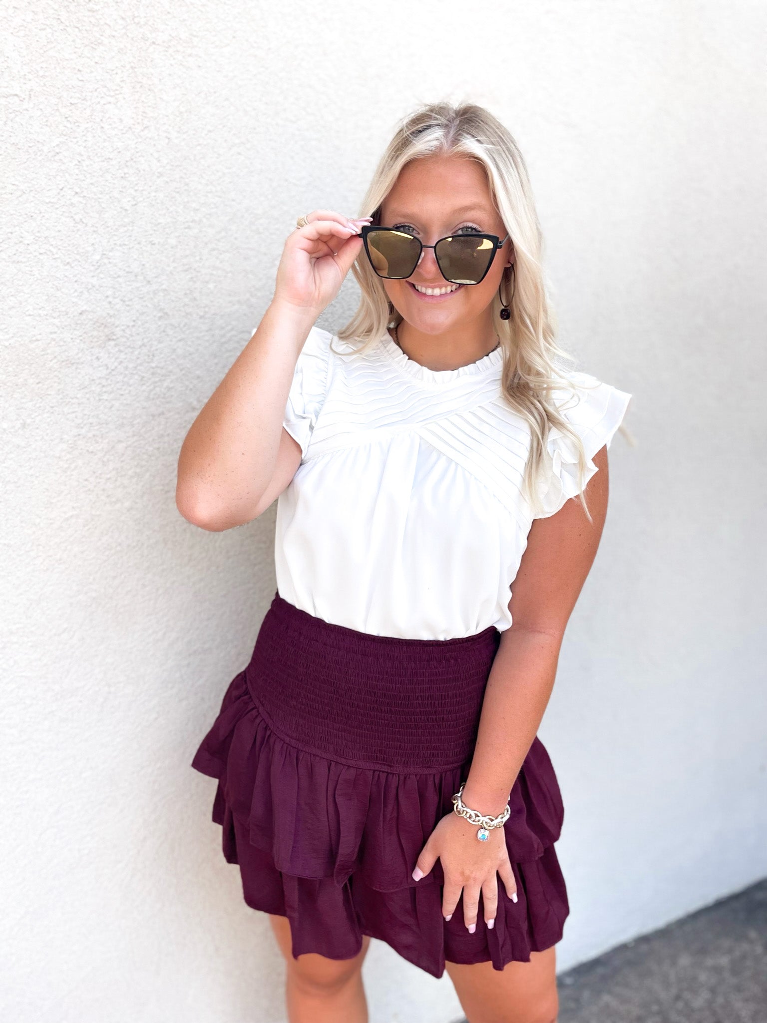 Expect The Best Pleated Upper Blouse with Ruffle Cap Sleeves in White - Giddy Up Glamour Boutique