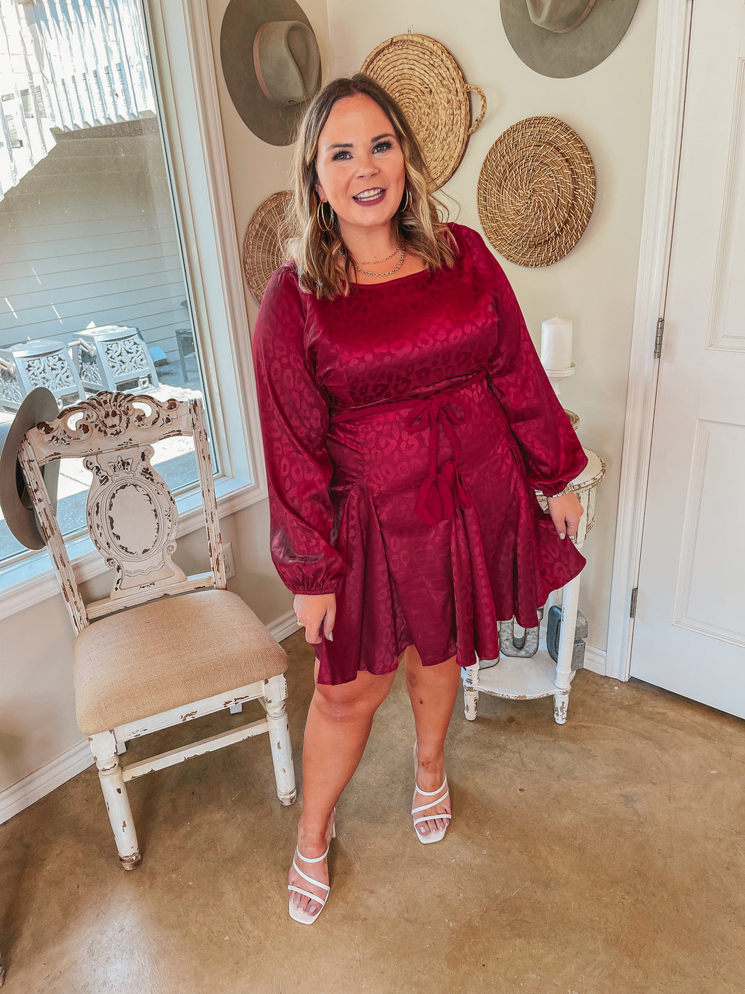 Dream Worthy Leopard Long Sleeve Satin Dress with Braided Belt in  Berry Red - Giddy Up Glamour Boutique
