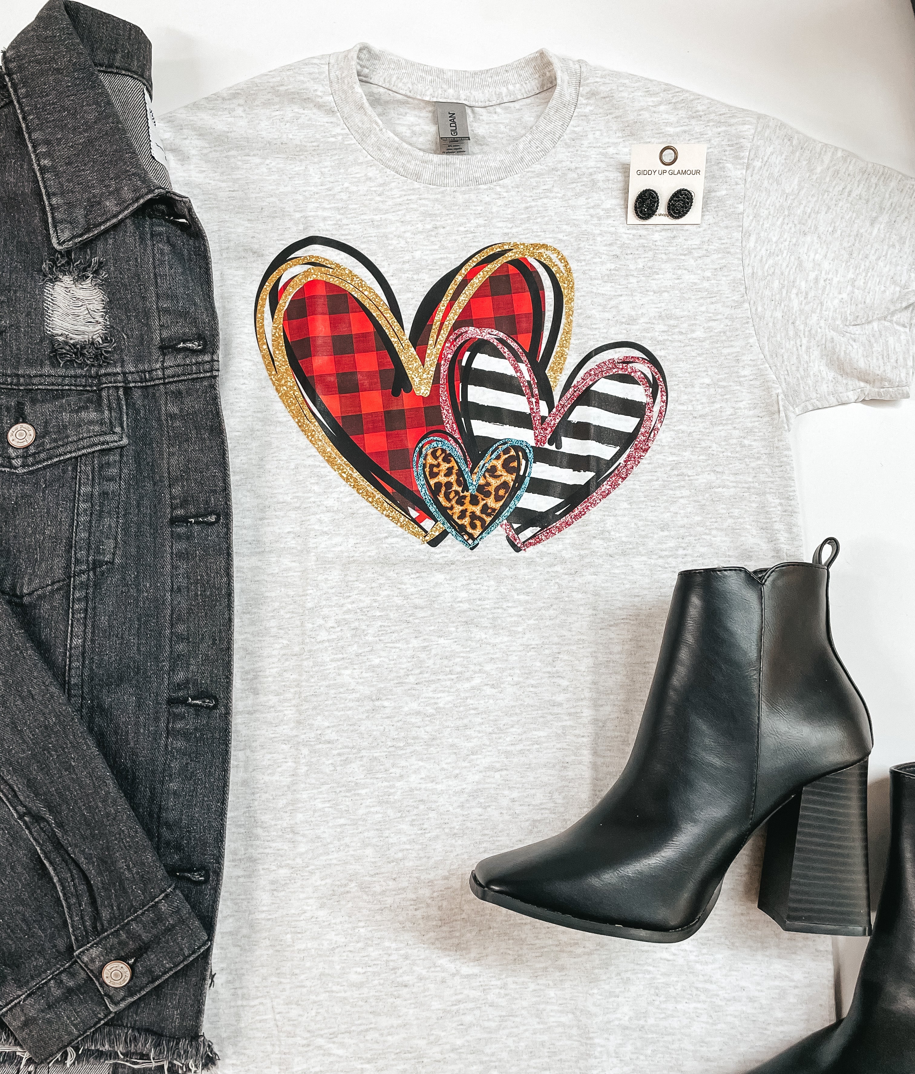 Mix Print Hearts Short Sleeve Graphic Tee in Heather Grey - Giddy Up Glamour Boutique
