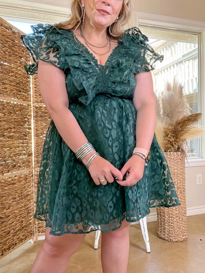 Welcome To Hollywood Sheer Leopard Print Dress with Ruffle Detail in Emerald Green - Giddy Up Glamour Boutique