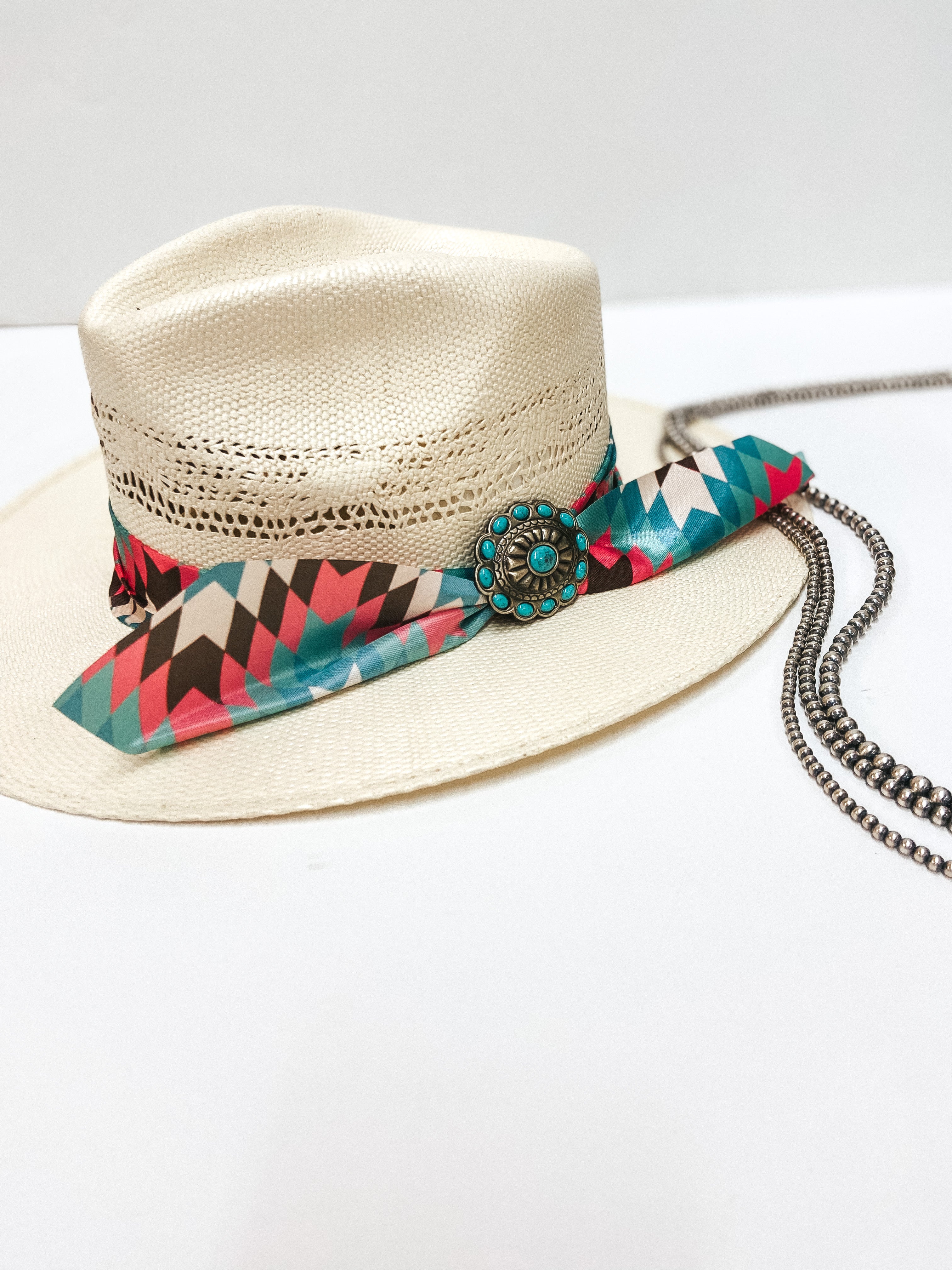 Charlie 1 Horse | Hissy Fit Straw Hat with Aztec Print Ribbon Band and Silver and Turquoise Concho Pin - Giddy Up Glamour Boutique