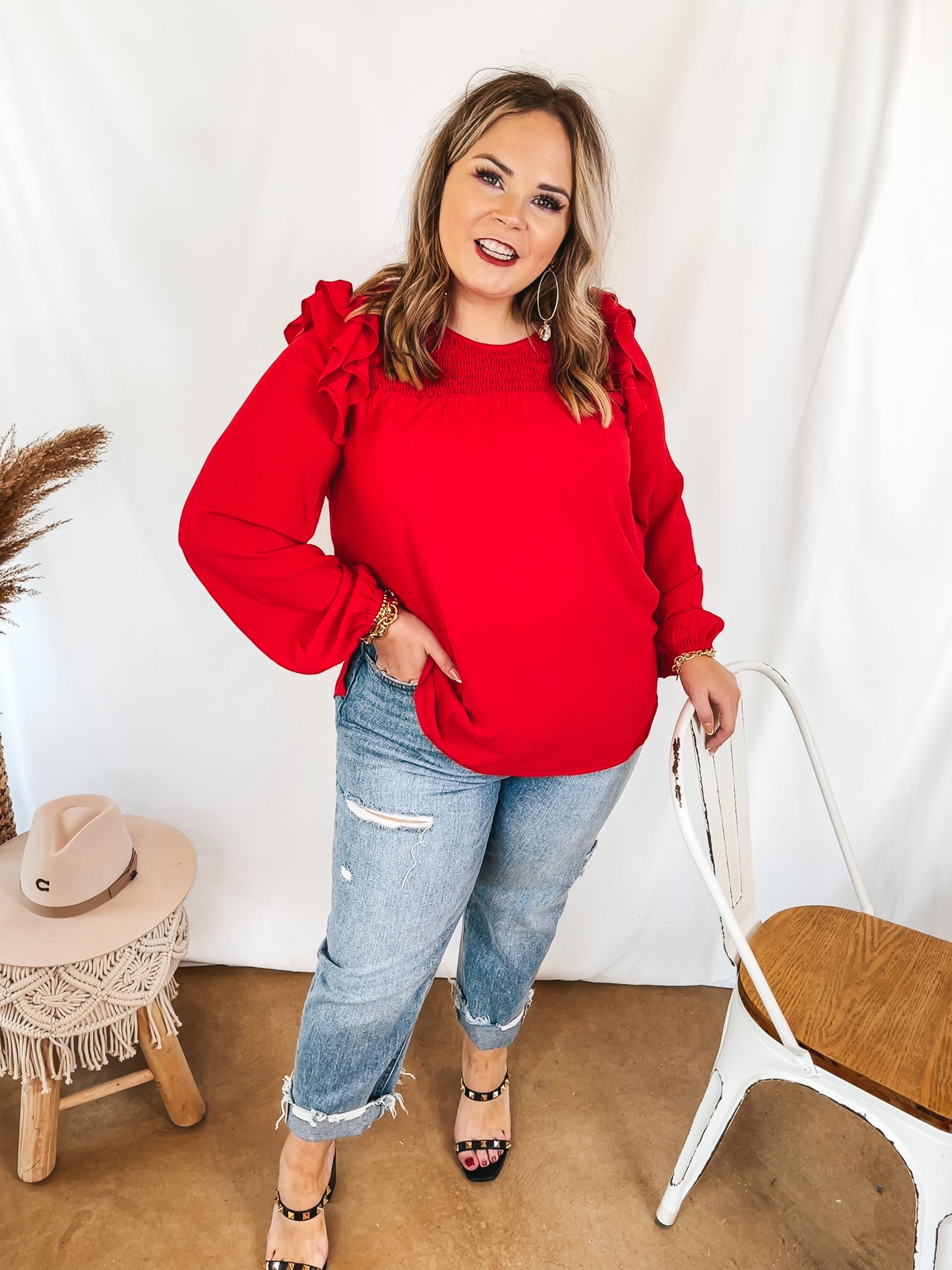 Balcony Nights Ruffle Shoulder Long Sleeve Blouse in Red - Giddy Up Glamour Boutique