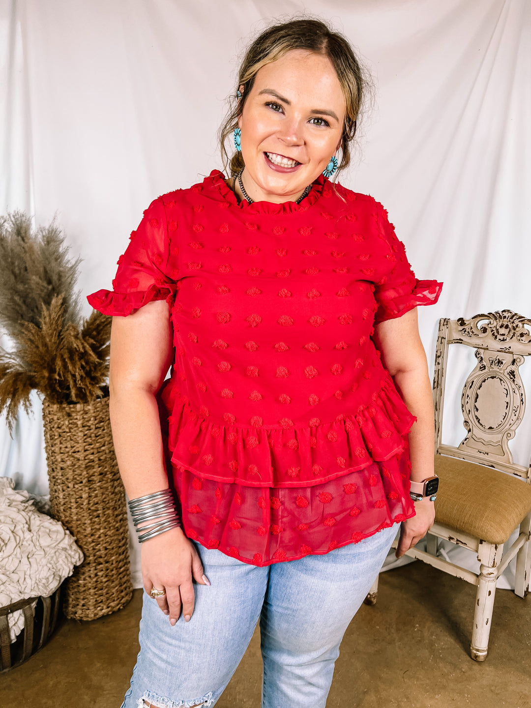 Garden Graceful Swiss Dot Ruffle Peplum Top in Red - Giddy Up Glamour Boutique