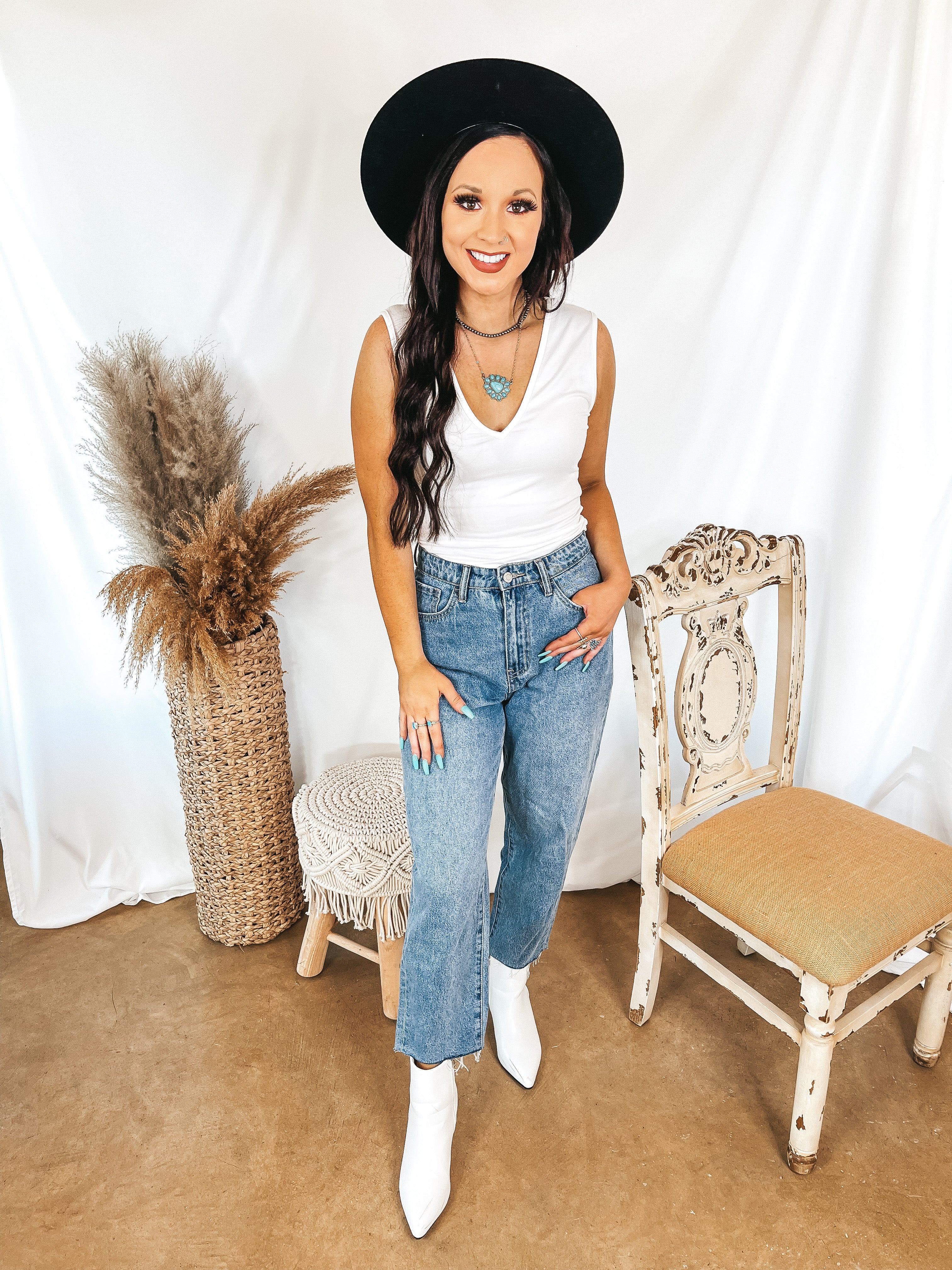 Perfect Night V Neck Tank Bodysuit in White - Giddy Up Glamour Boutique