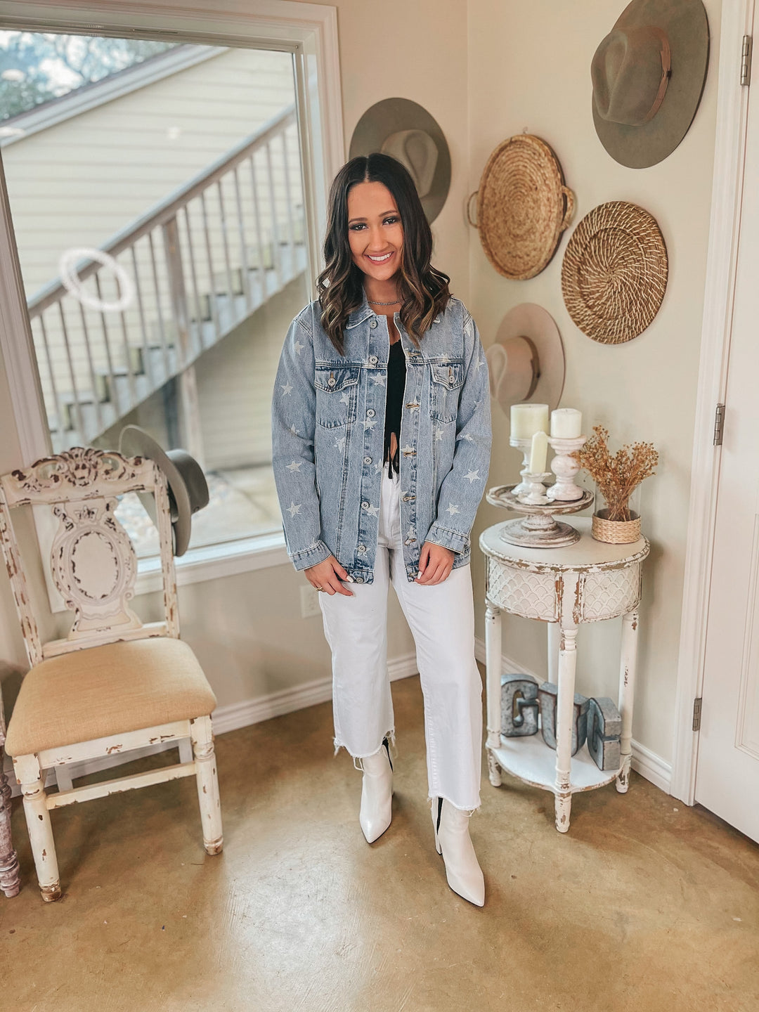 Star Sign Button Up Denim Jacket with Stars in Light Wash - Giddy Up Glamour Boutique