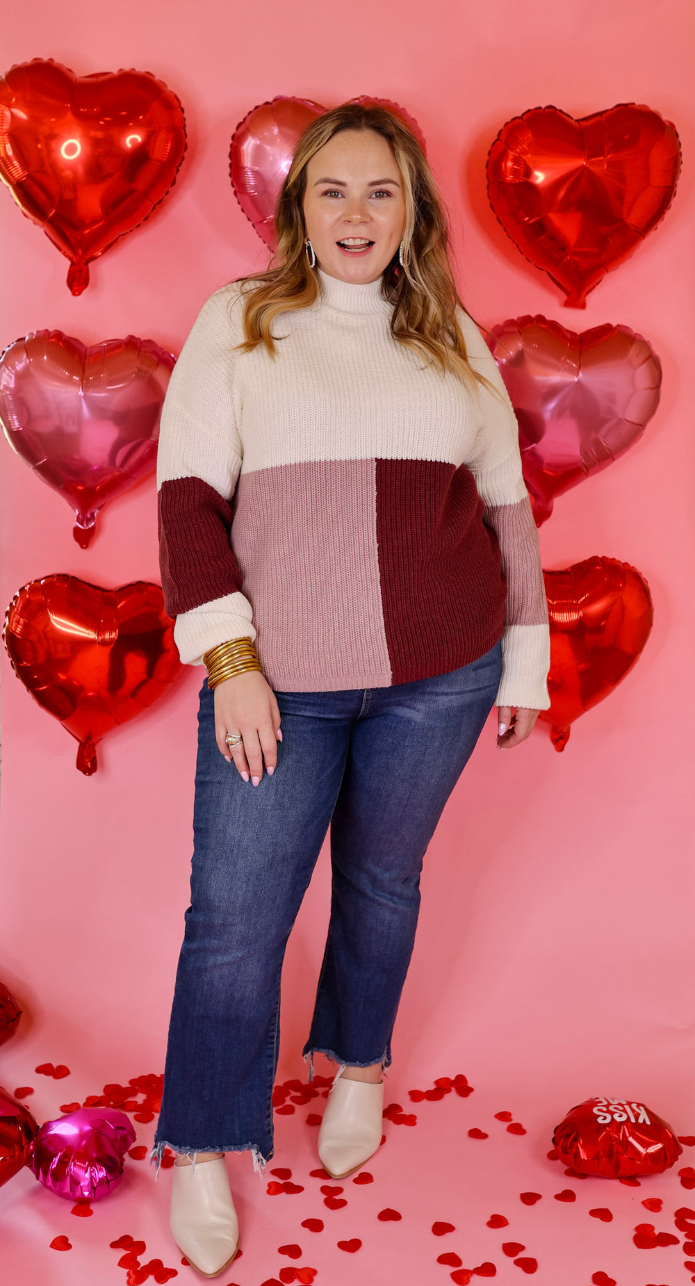 Just Warming Up Color Block Knit Pullover Sweater in Maroon and Mauve - Giddy Up Glamour Boutique