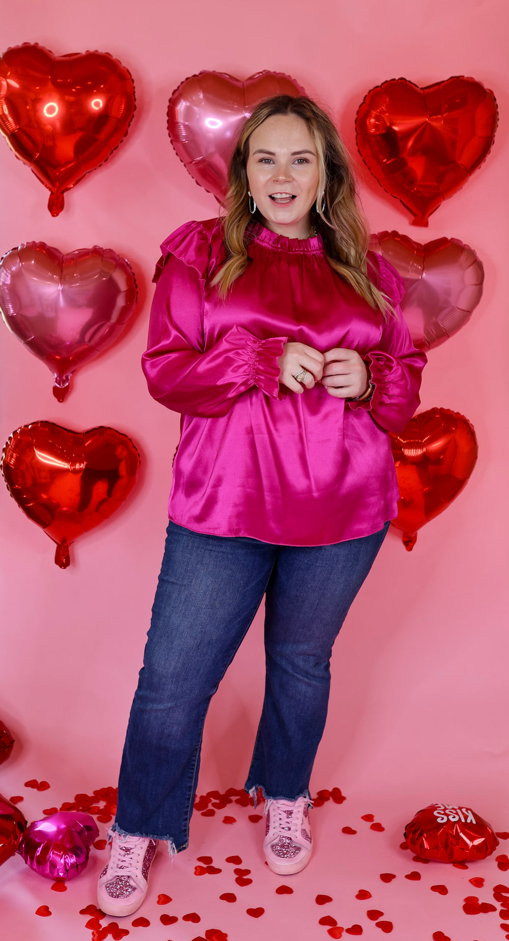 Can't Stop Me Ruffle Mock Neck Long Sleeve Satin Top in Fuchsia Pink - Giddy Up Glamour Boutique