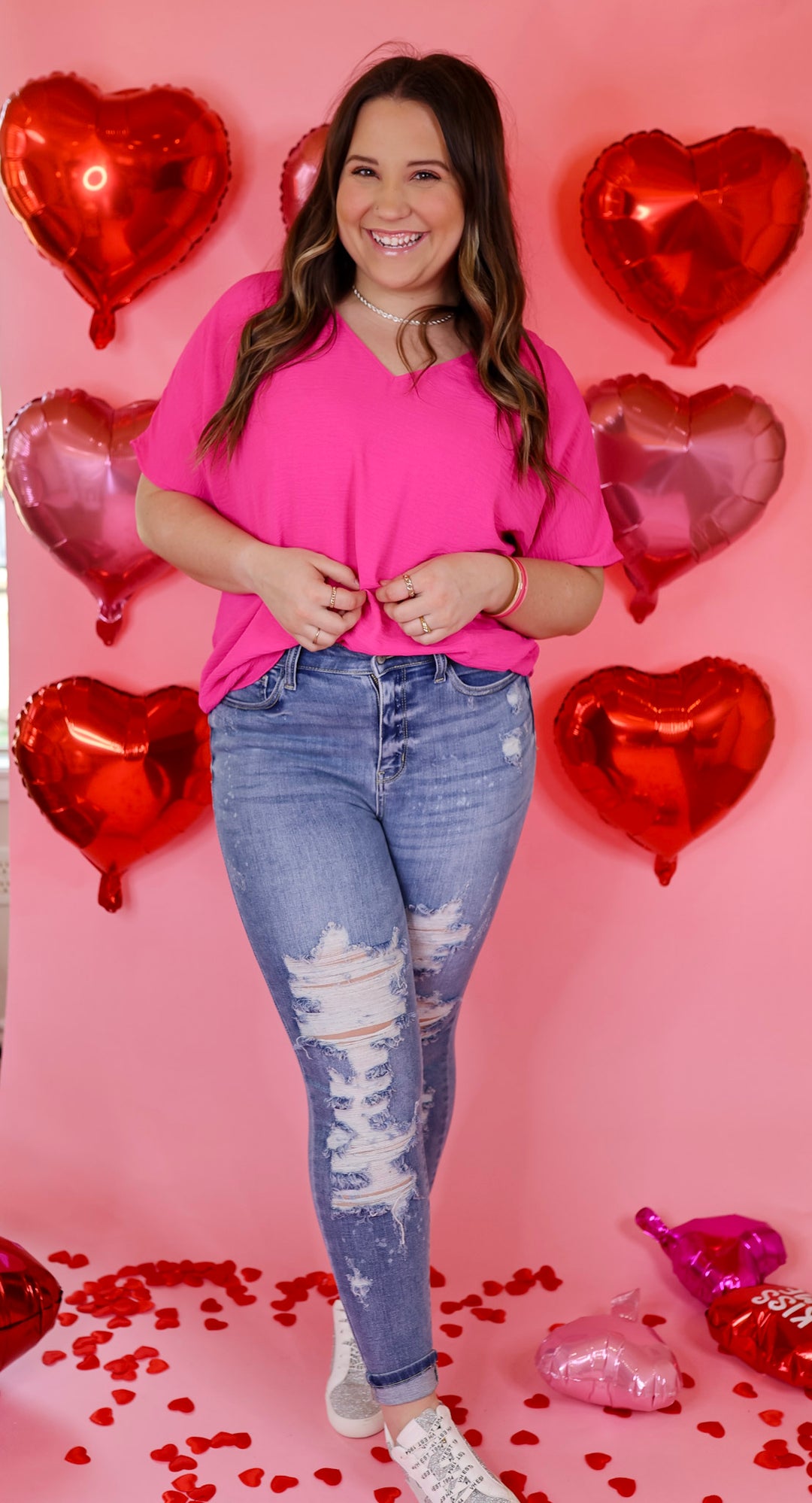 Lovely Dear V Neck Short Sleeve Solid Top in Fuchsia Pink - Giddy Up Glamour Boutique