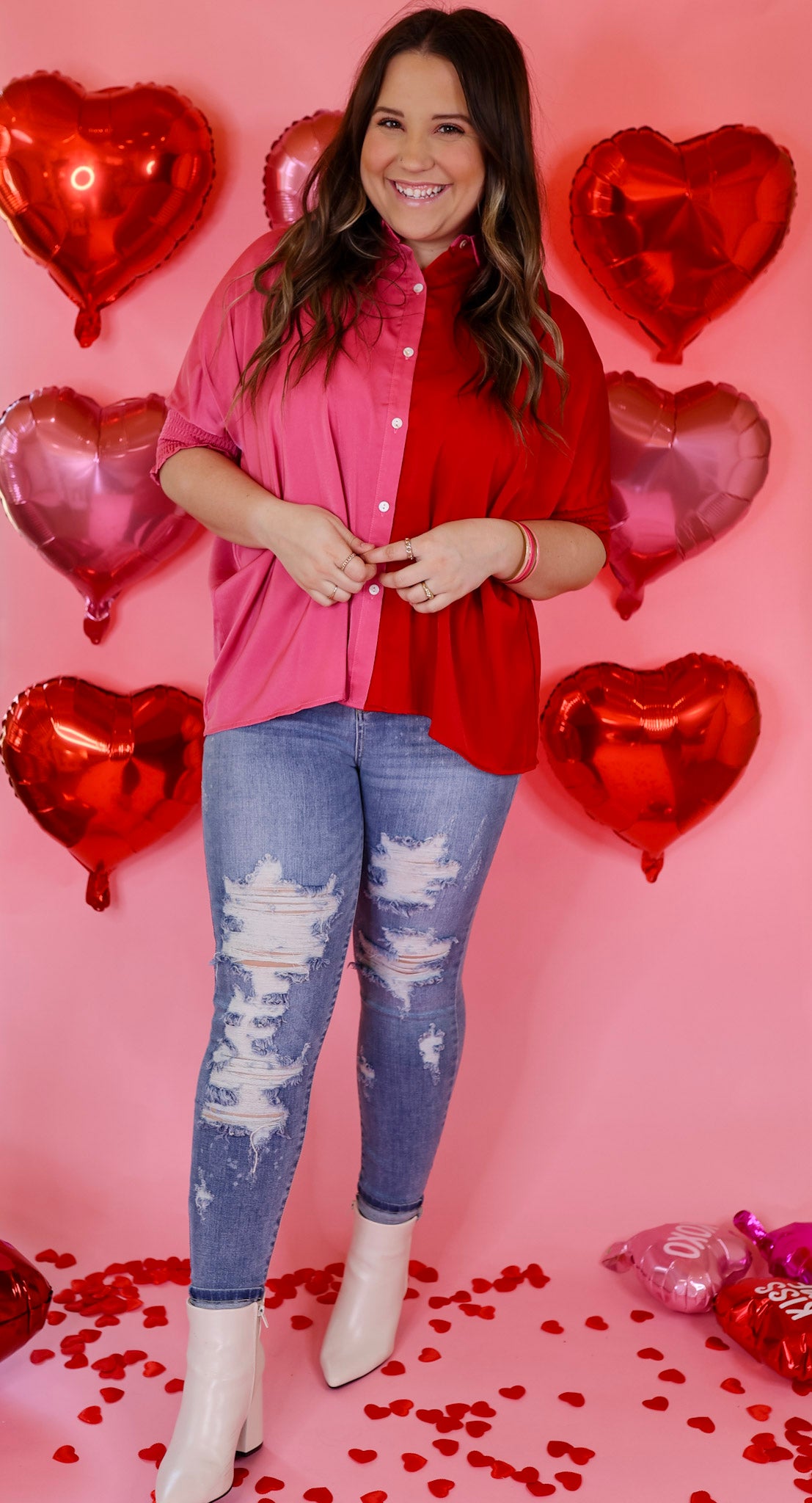 Major Glow Satin Smocked 3/4 Sleeve Button Up Blouse in Pink and Red - Giddy Up Glamour Boutique