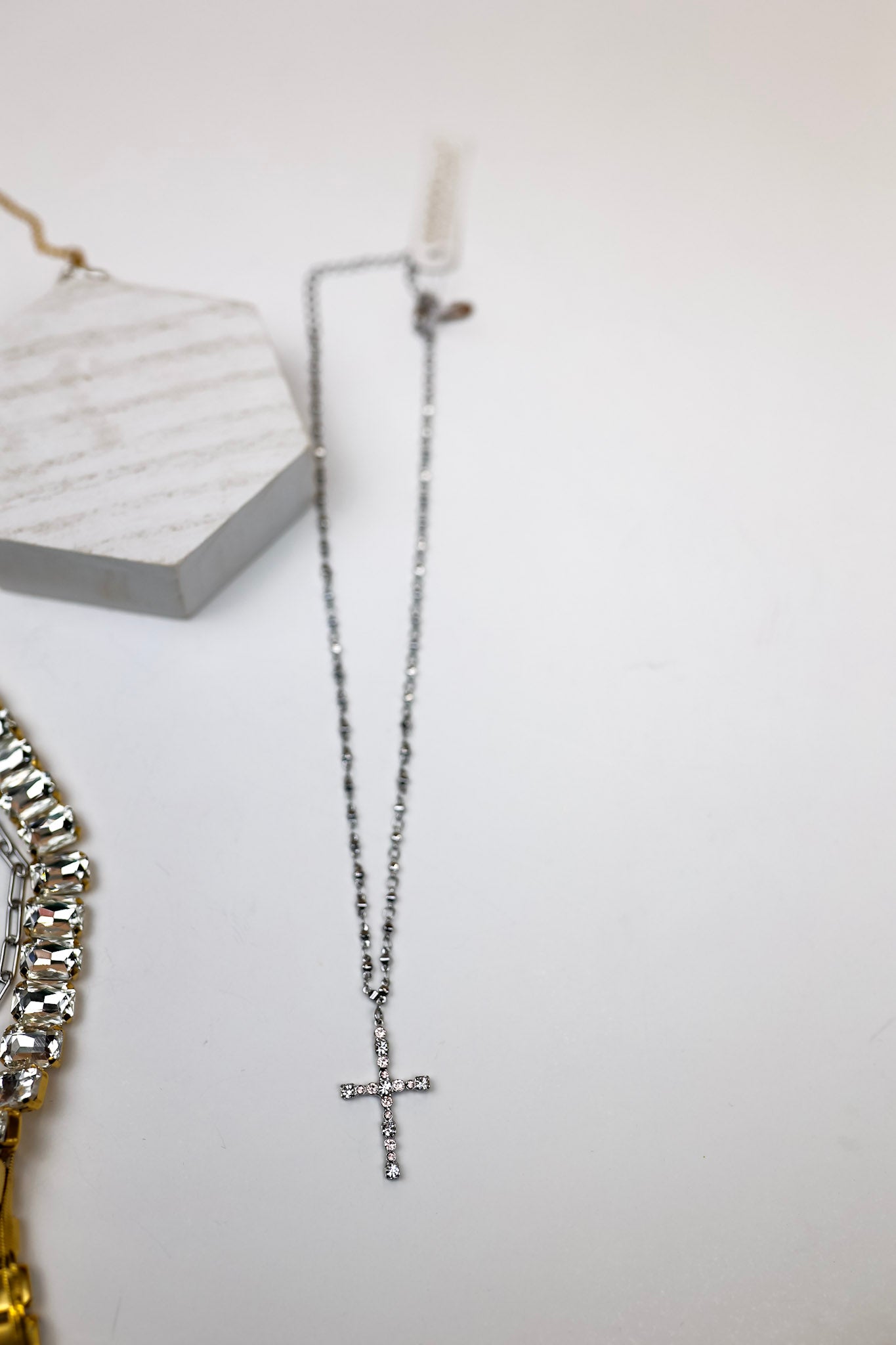 Sorrelli | Charmaine Cross Pendant Necklace in Palladium Silver Tone and Snow Bunny - Giddy Up Glamour Boutique
