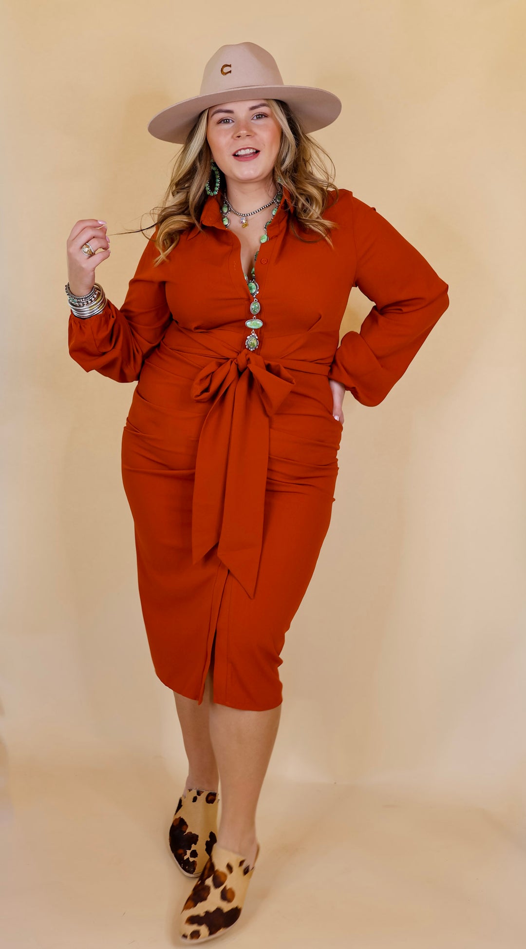 Heart On The Line Button Up Ruched Front Midi Dress with Waist Tie in Rust Orange - Giddy Up Glamour Boutique