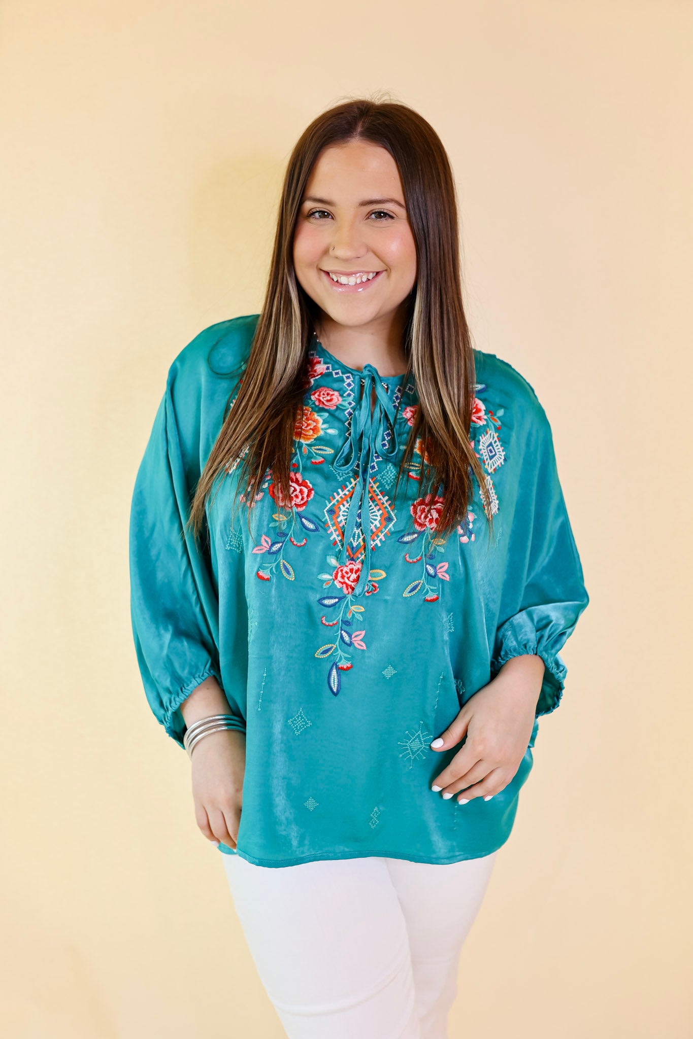 Never Out Done Floral Embroidered Poncho Top with Front Keyhole in Teal