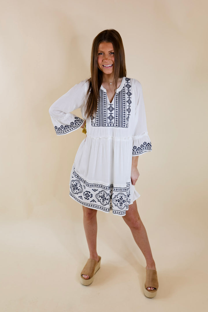 Peaceful And Pretty Navy Embroidered Dress with Notched Neckline in White - Giddy Up Glamour Boutique