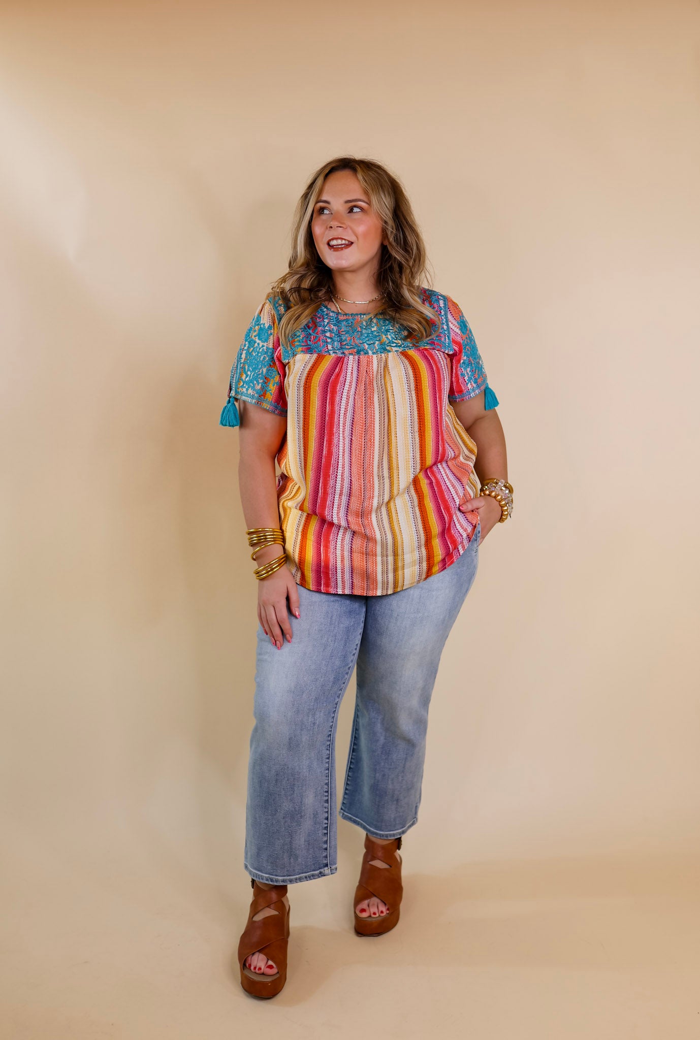 Sweet And Charming Serape Print Top with Blue Floral Embroidery