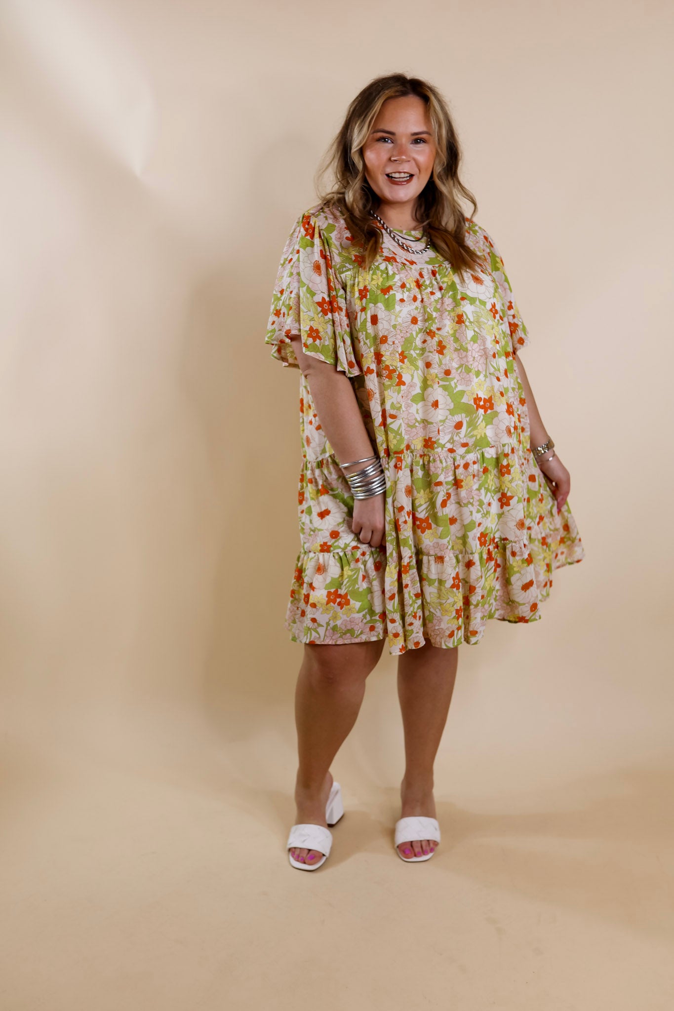 State of Bliss Ruffle Tiered Floral Dress in Lime Green and Orange - Giddy Up Glamour Boutique