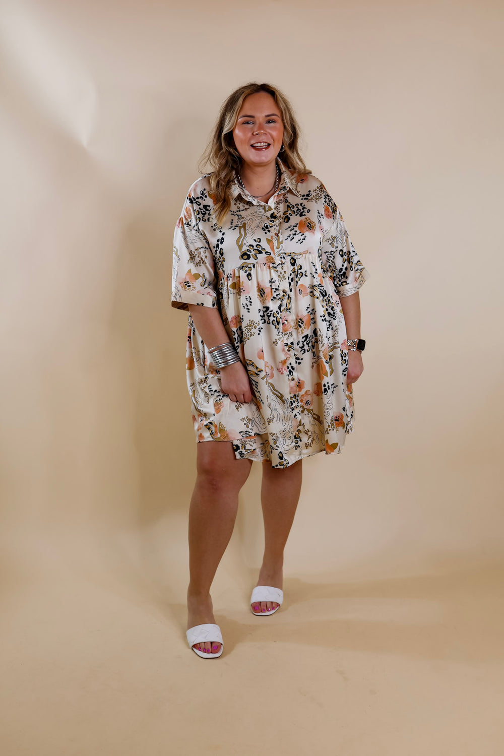 Ready To Flaunt Button Up Mix Print Satin Babydoll Dress in Ivory - Giddy Up Glamour Boutique