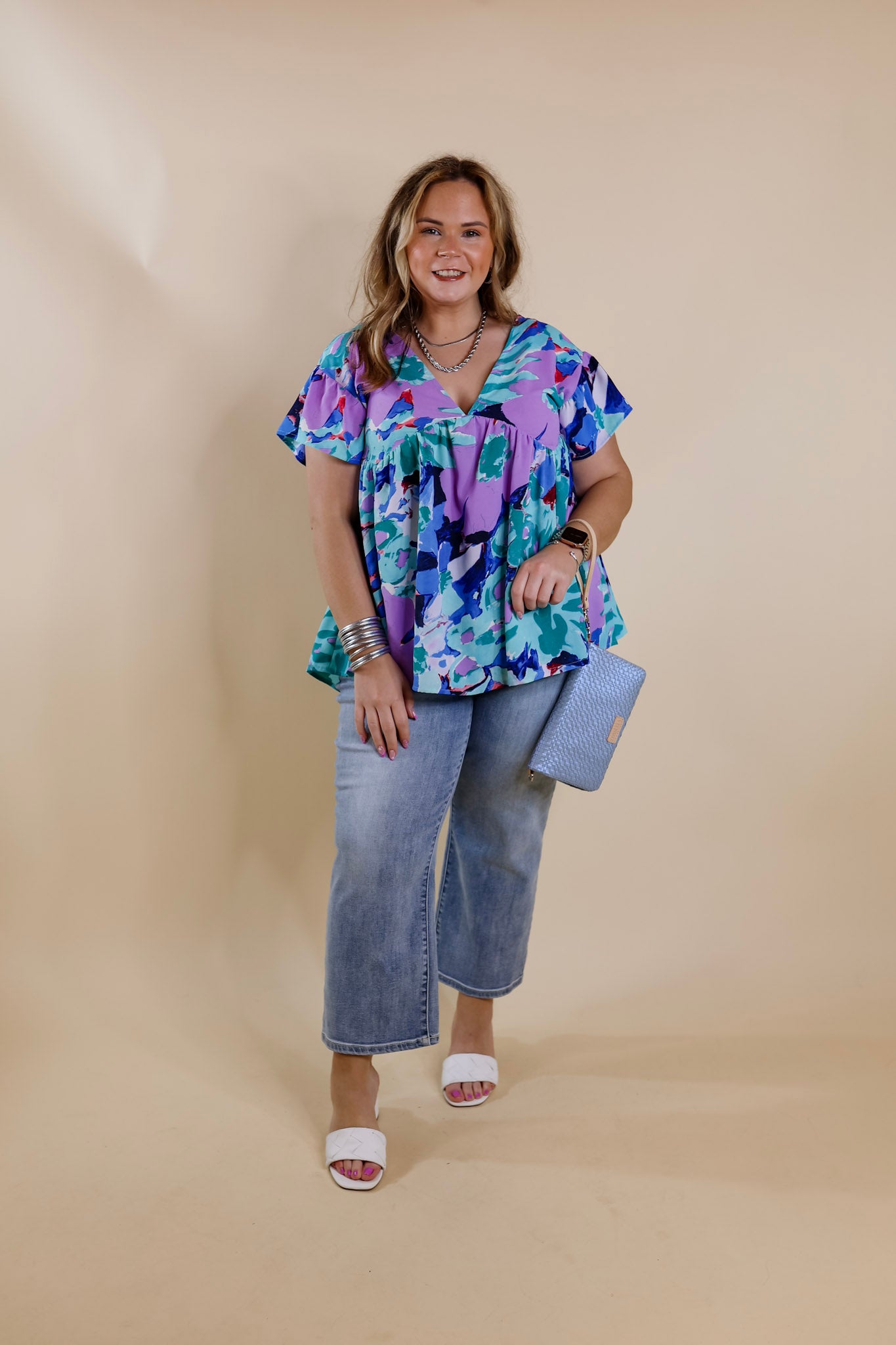 You Had Me At Aloha Watercolor Floral Top with V Neckline in Aqua Mix - Giddy Up Glamour Boutique