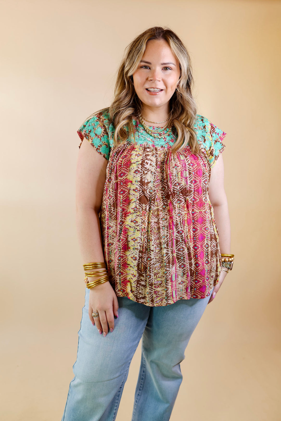 Festival Weather Turquoise Embroidered Tribal Print Top with Ruffle Cap Sleeves in Olive Green Mix - Giddy Up Glamour Boutique